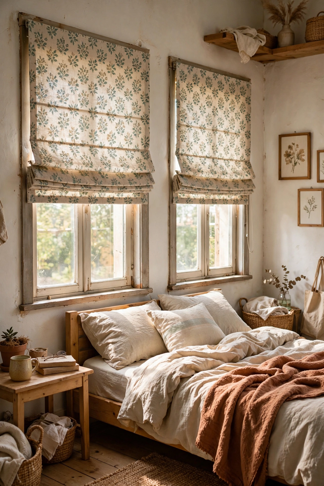 Fabric roman shades made from mini blinds on bedroom windows