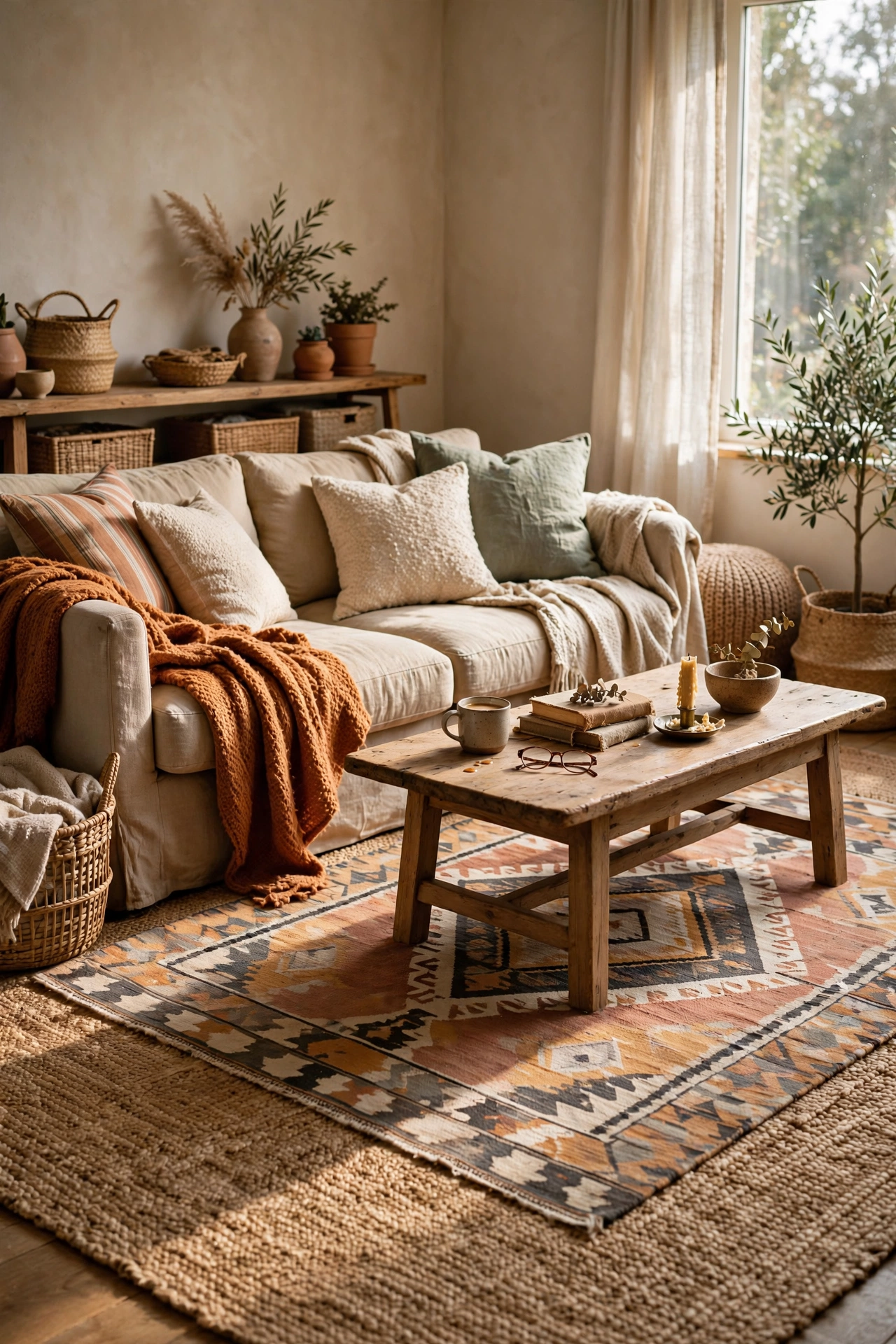 Patterned rug layered over a large jute rug in a living room