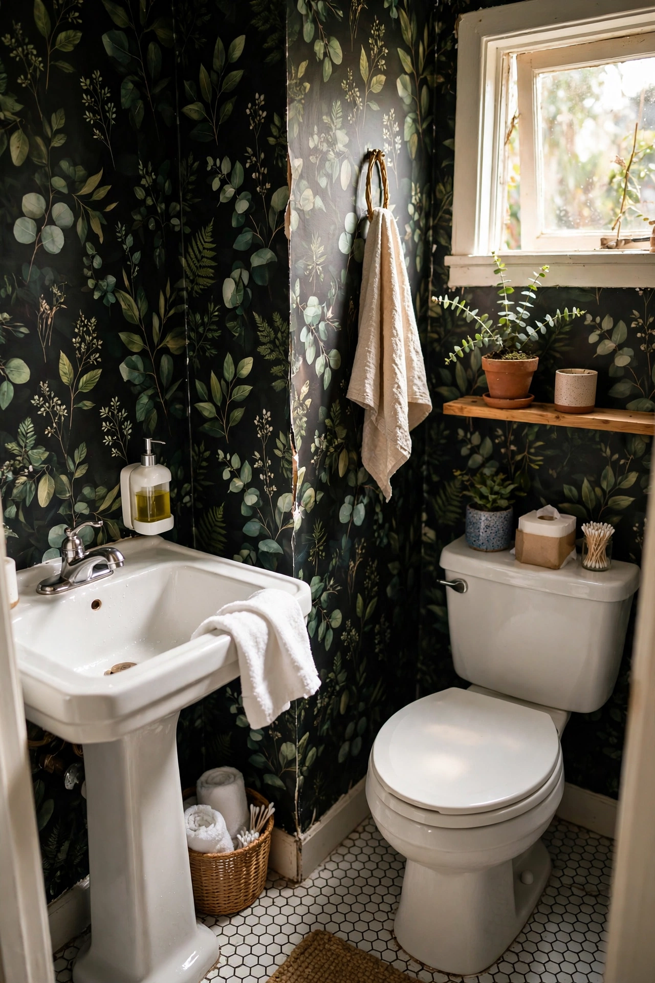 Small powder room with bold botanical peel-and-stick wallpaper