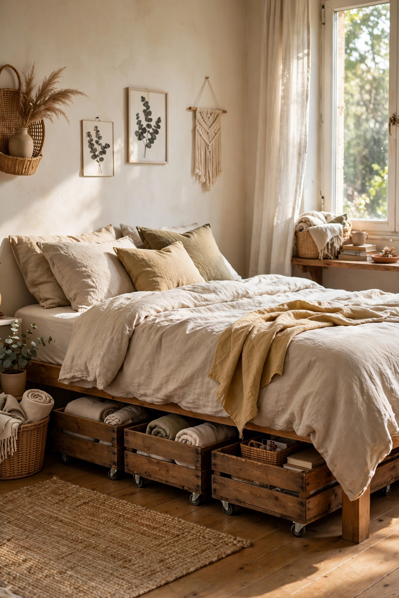 Wooden crates on castor wheels as under-bed storage