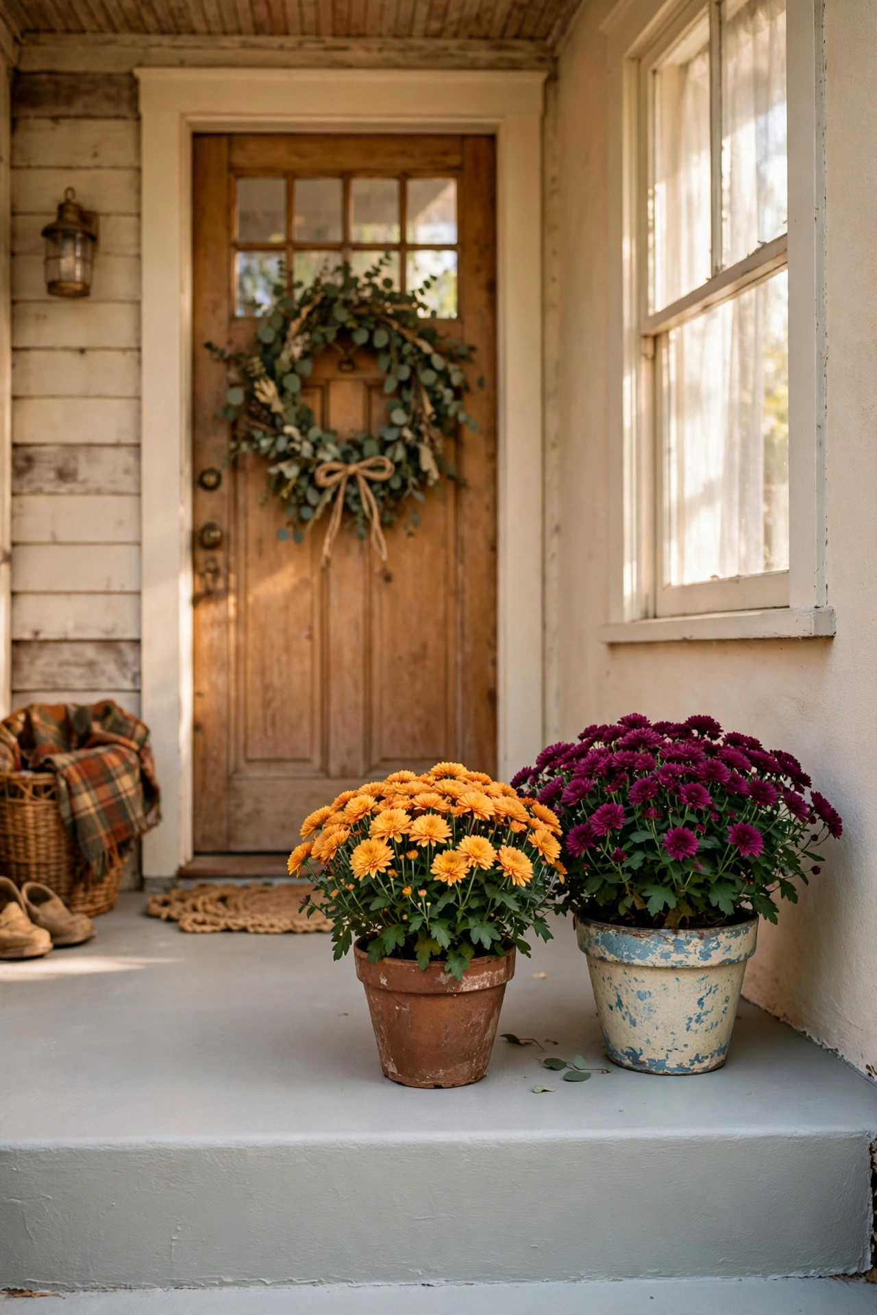 Freshly painted front porch with potted mums and a handmade wreath