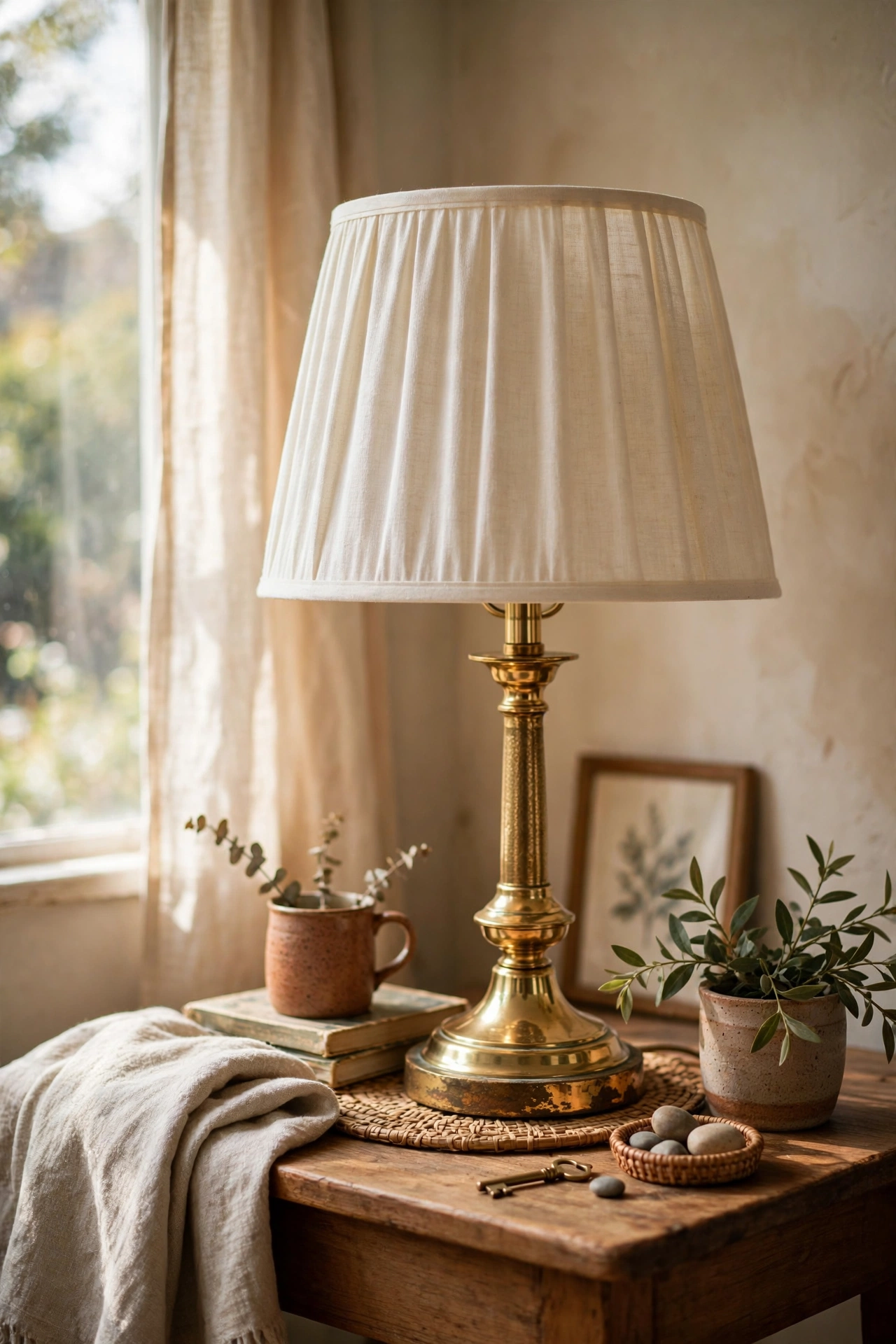 Thrifted brass lamp polished and styled with a new linen drum shade