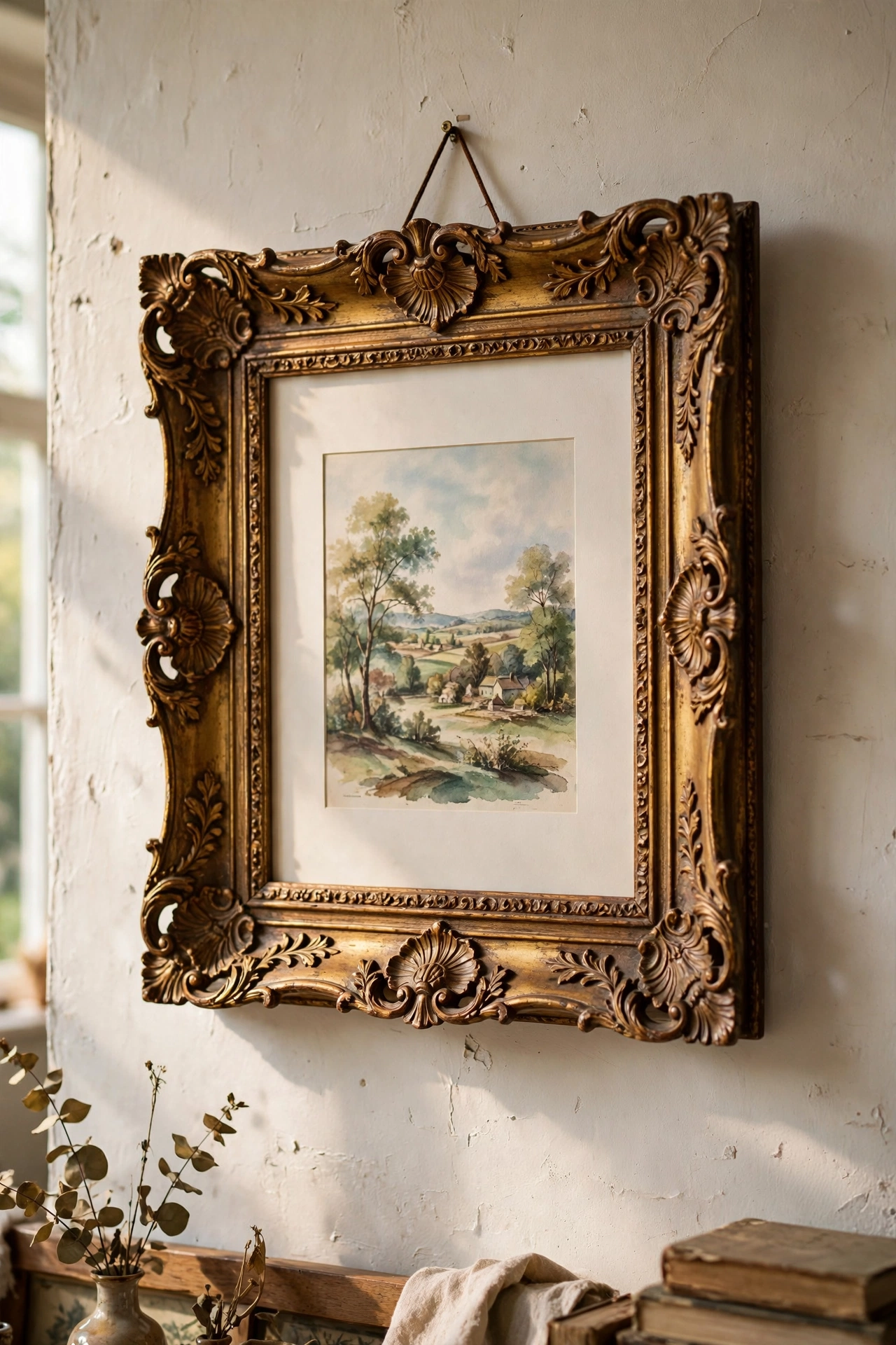 Ornate thrifted wooden frame gilded with antique gold paint