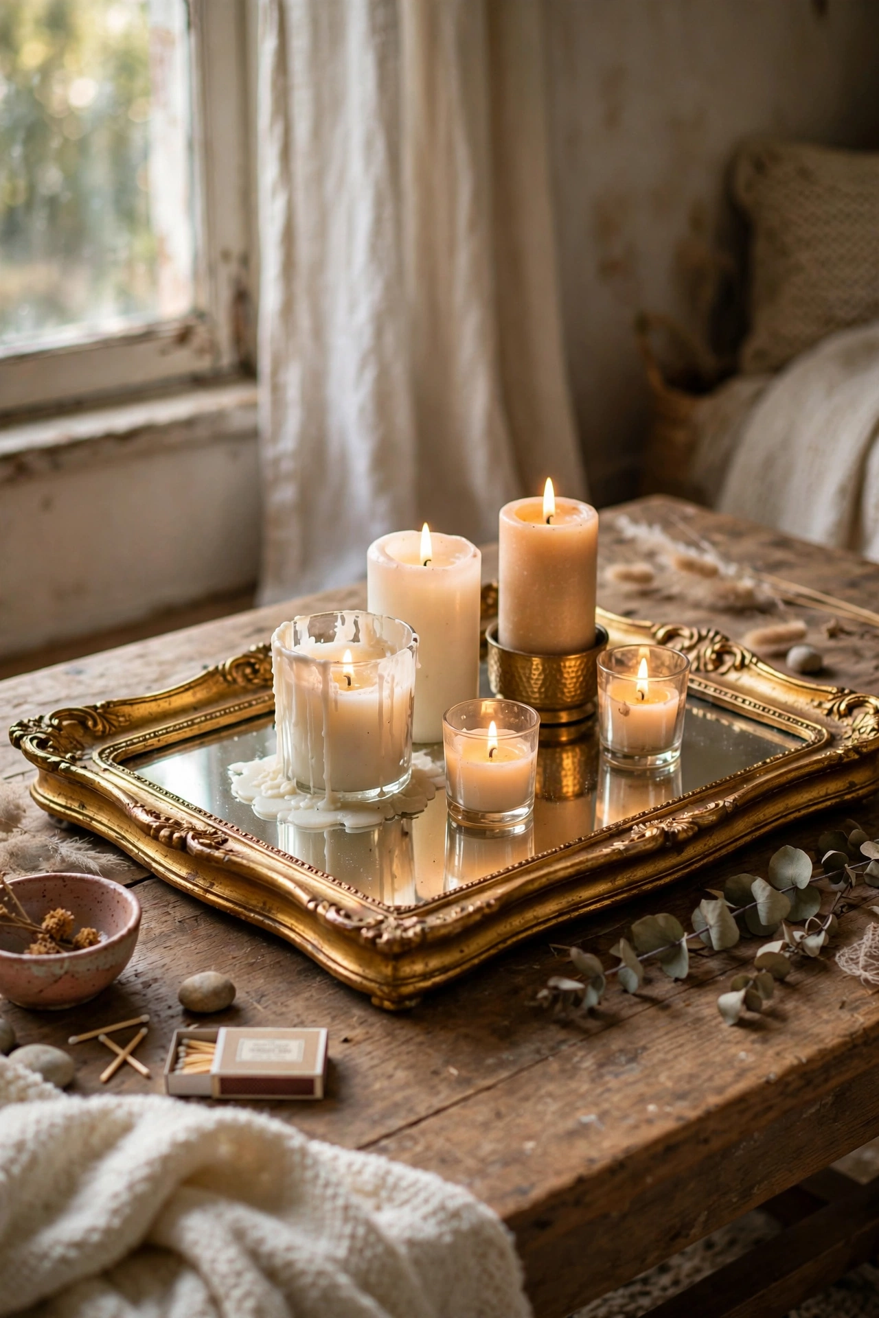 DIY mirror tray made from a thrifted gold frame on a coffee table