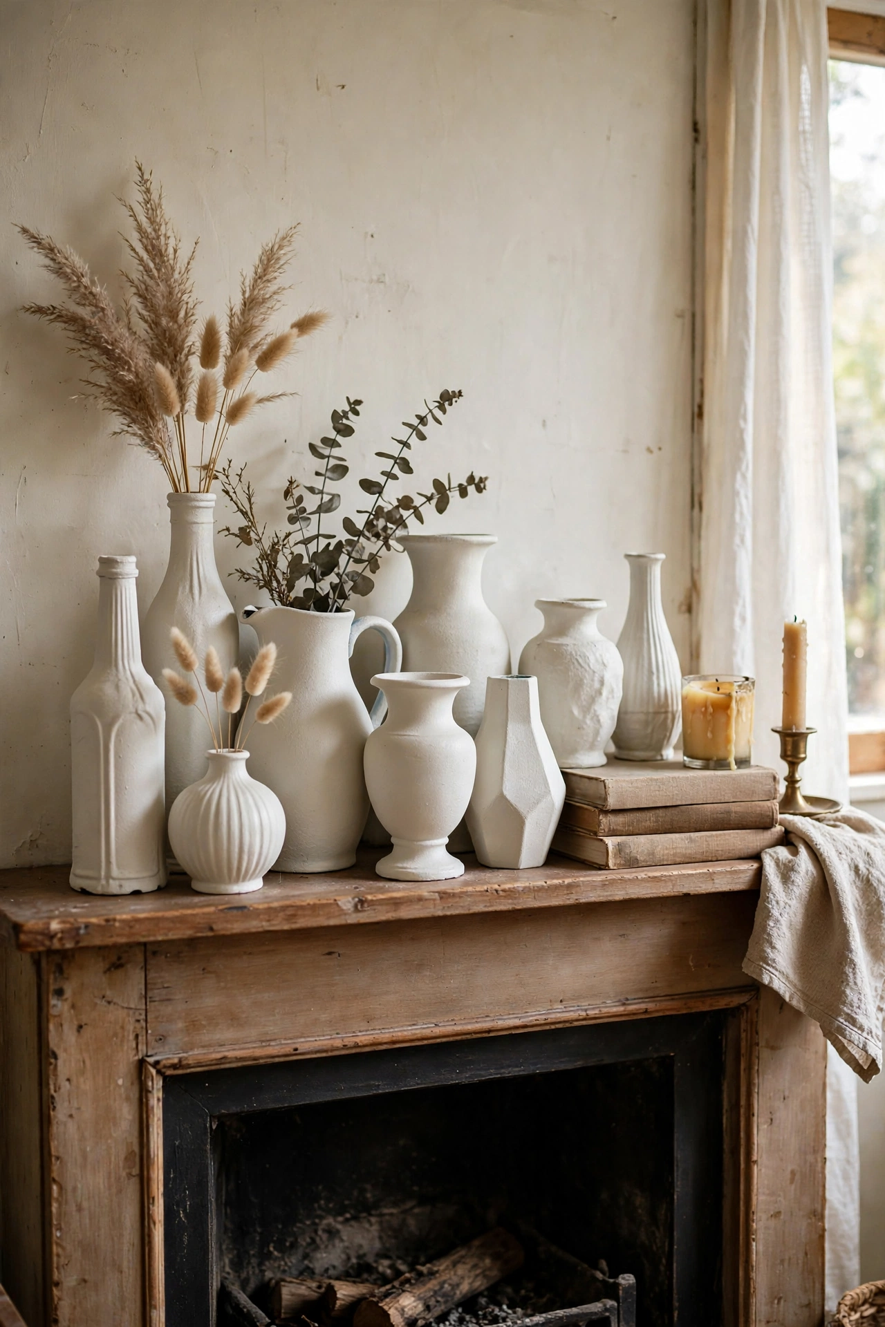 Cluster of thrifted vases spray-painted one matte colour on a mantel