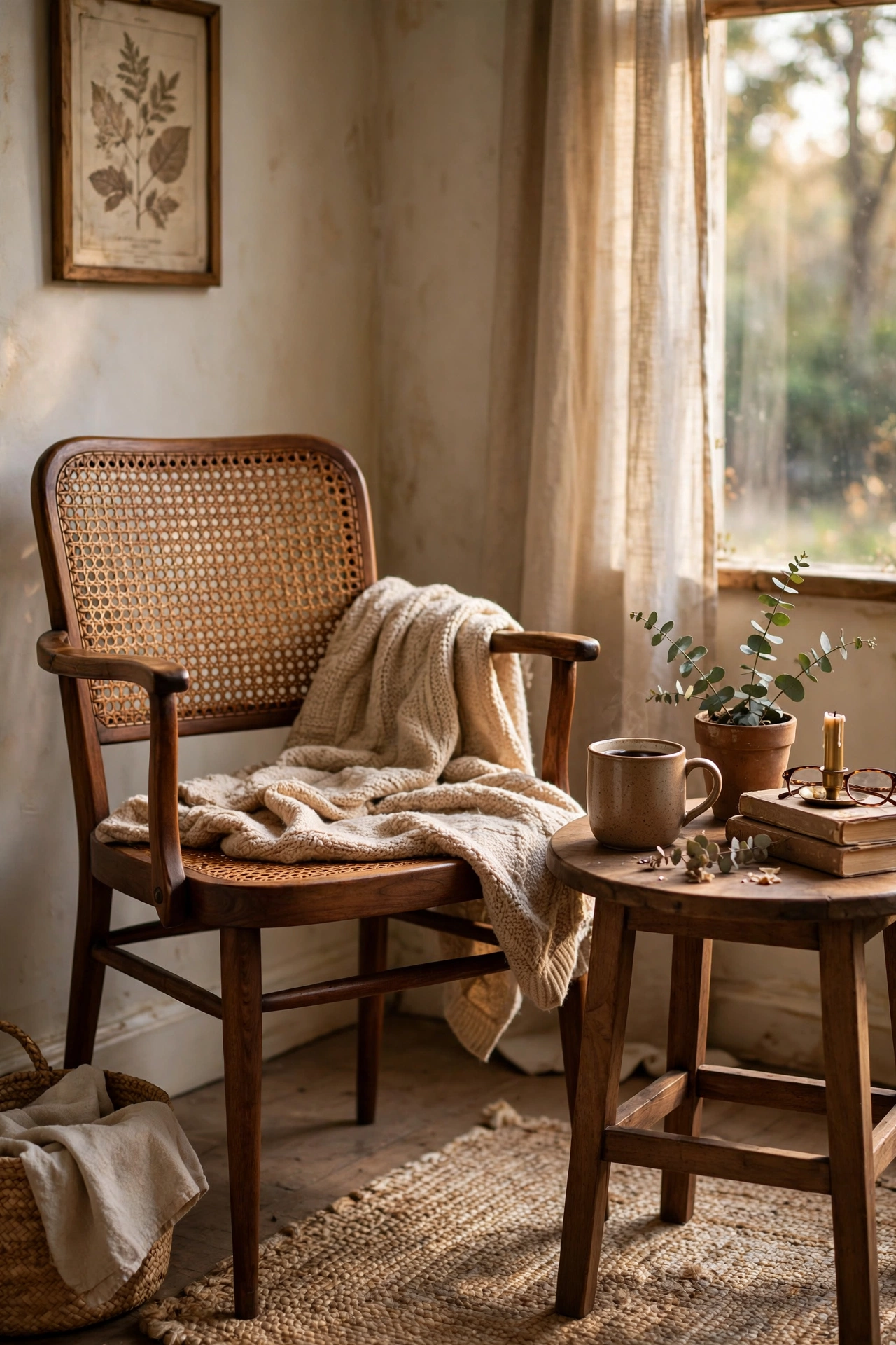 Refinished cane chair with rich walnut stained wooden frame