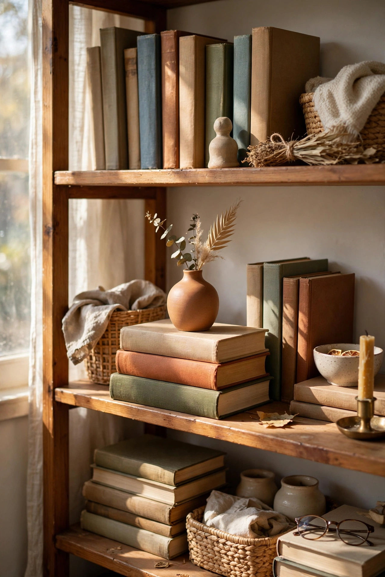 Hardcover books used as risers under a vase on a styled shelf