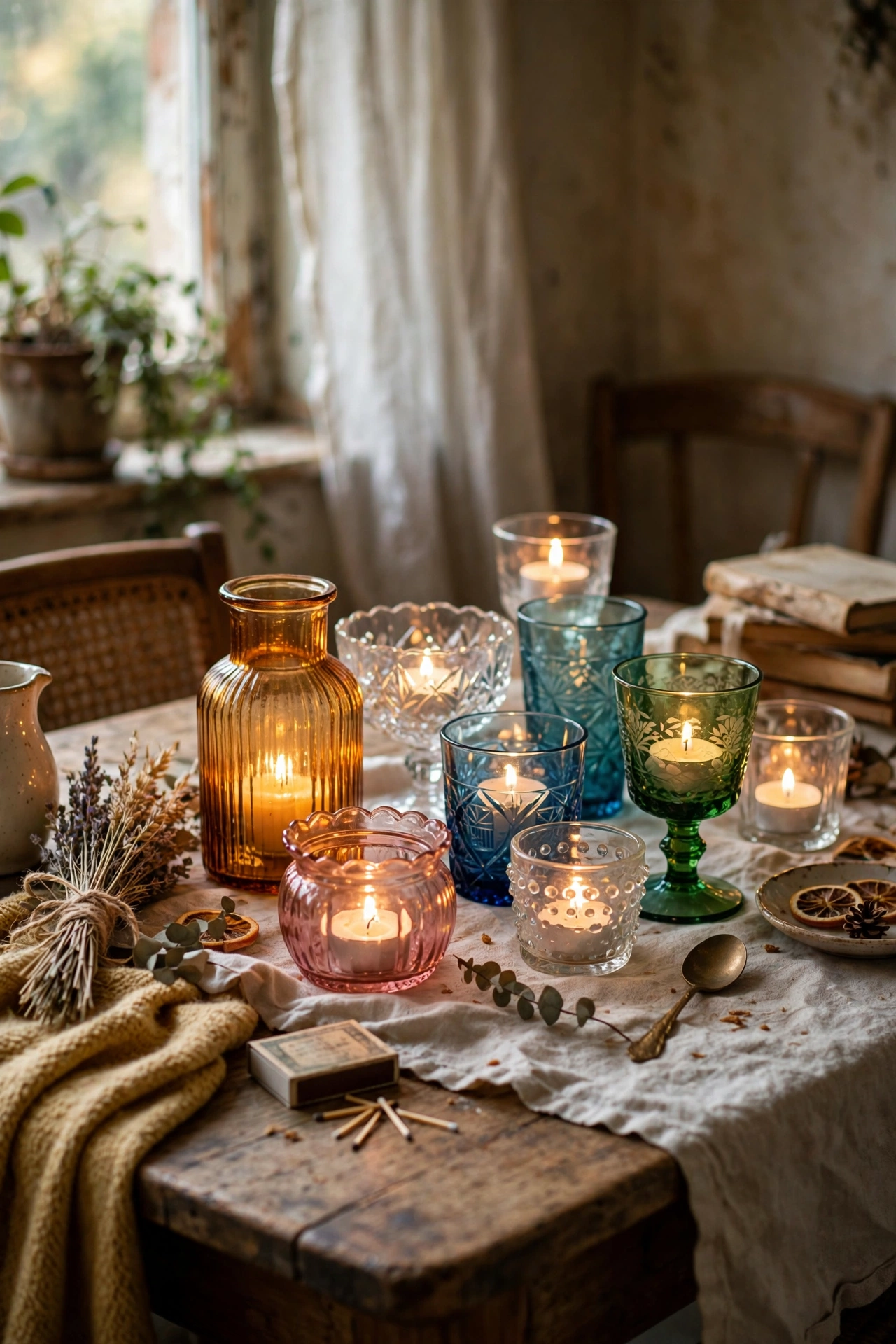 Vintage thrifted glassware with tea lights as a table centrepiece