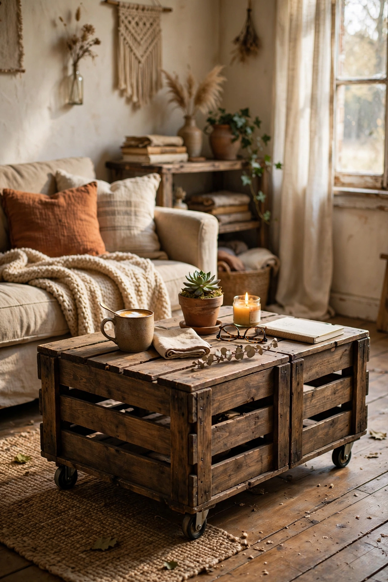 Coffee table made from two wooden crates on castor wheels