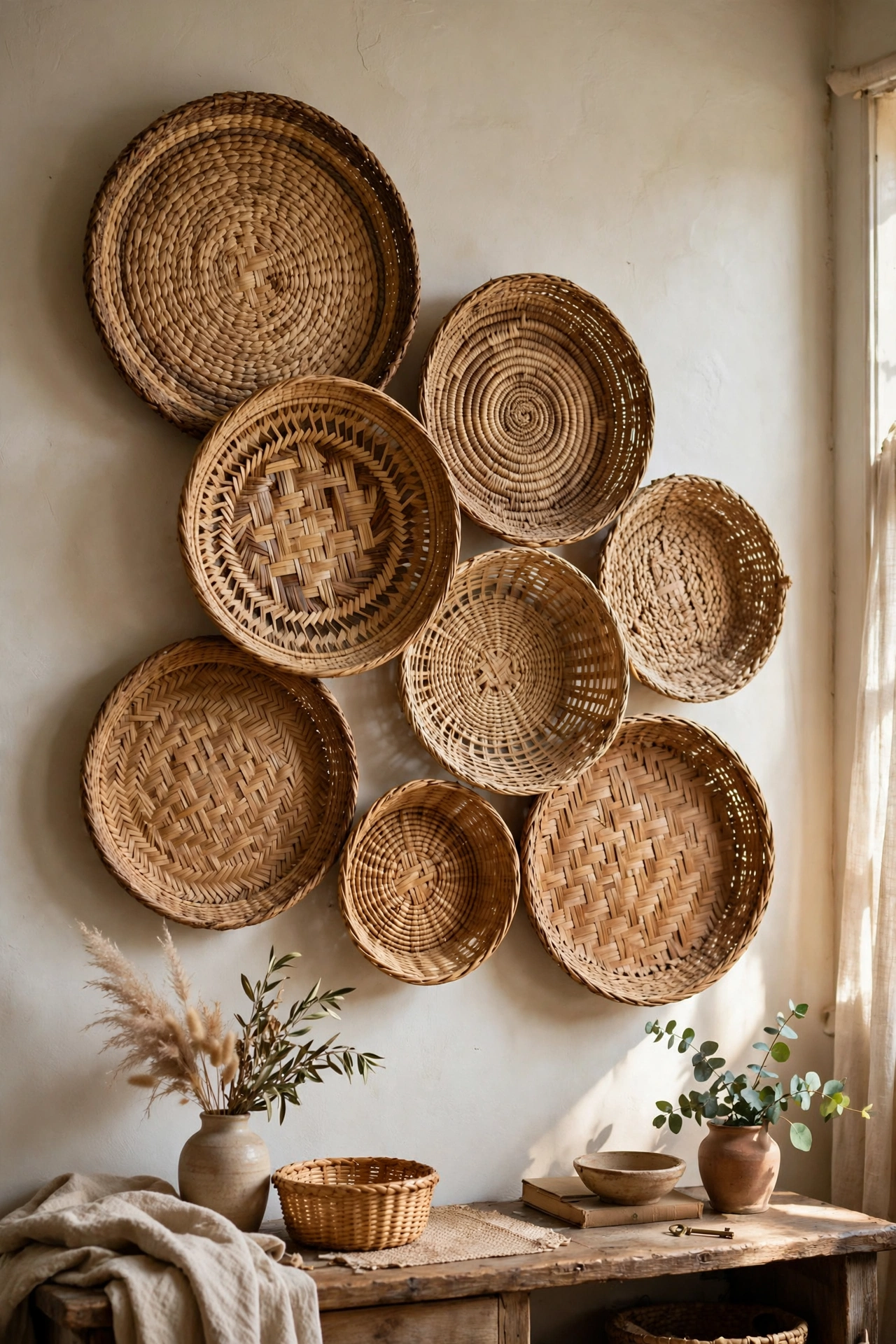 Gallery wall of flat woven baskets in an organic cluster