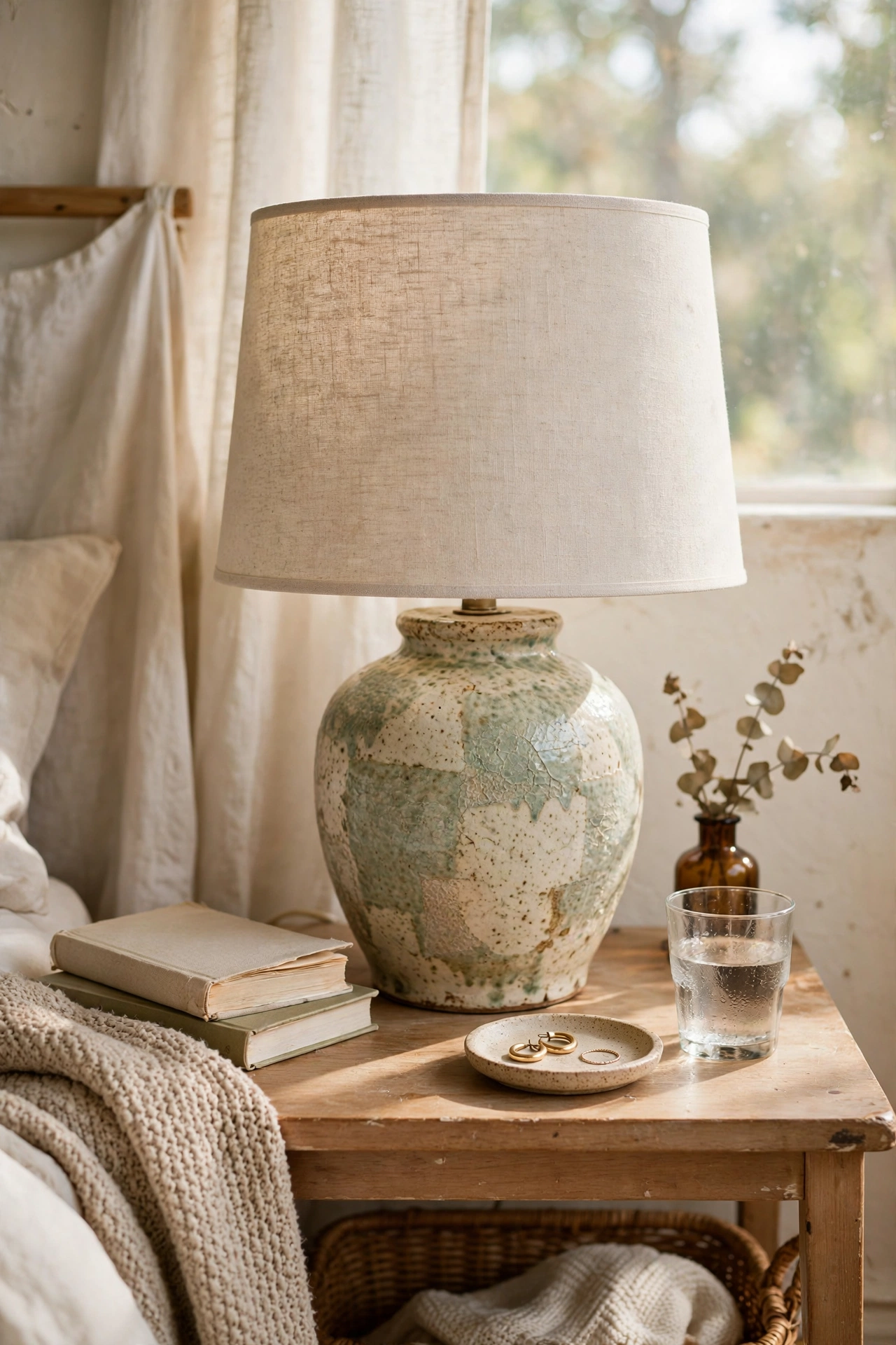 Thrifted ceramic lamp base refreshed with a new linen drum shade