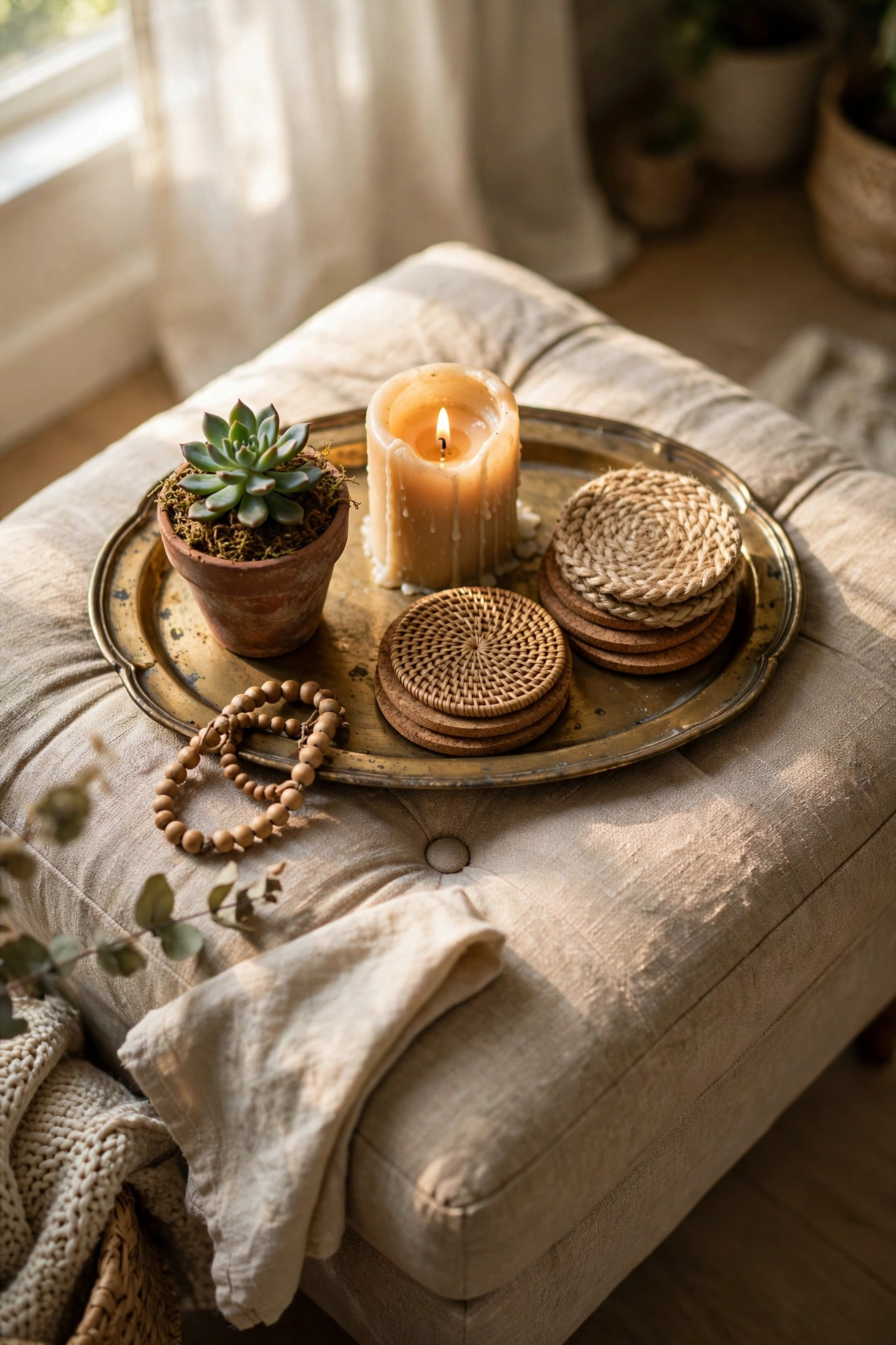 Thrifted brass tray styled with a candle and plant as a vignette