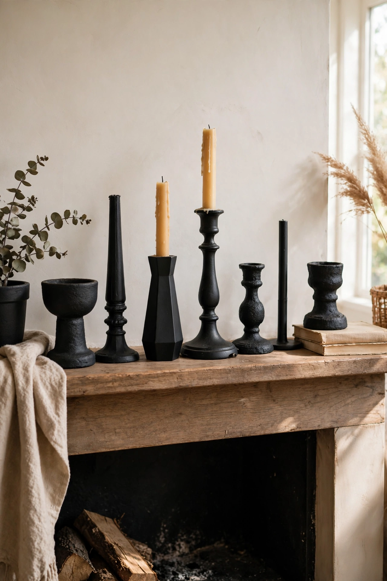 Mismatched thrifted candleholders spray-painted matte black