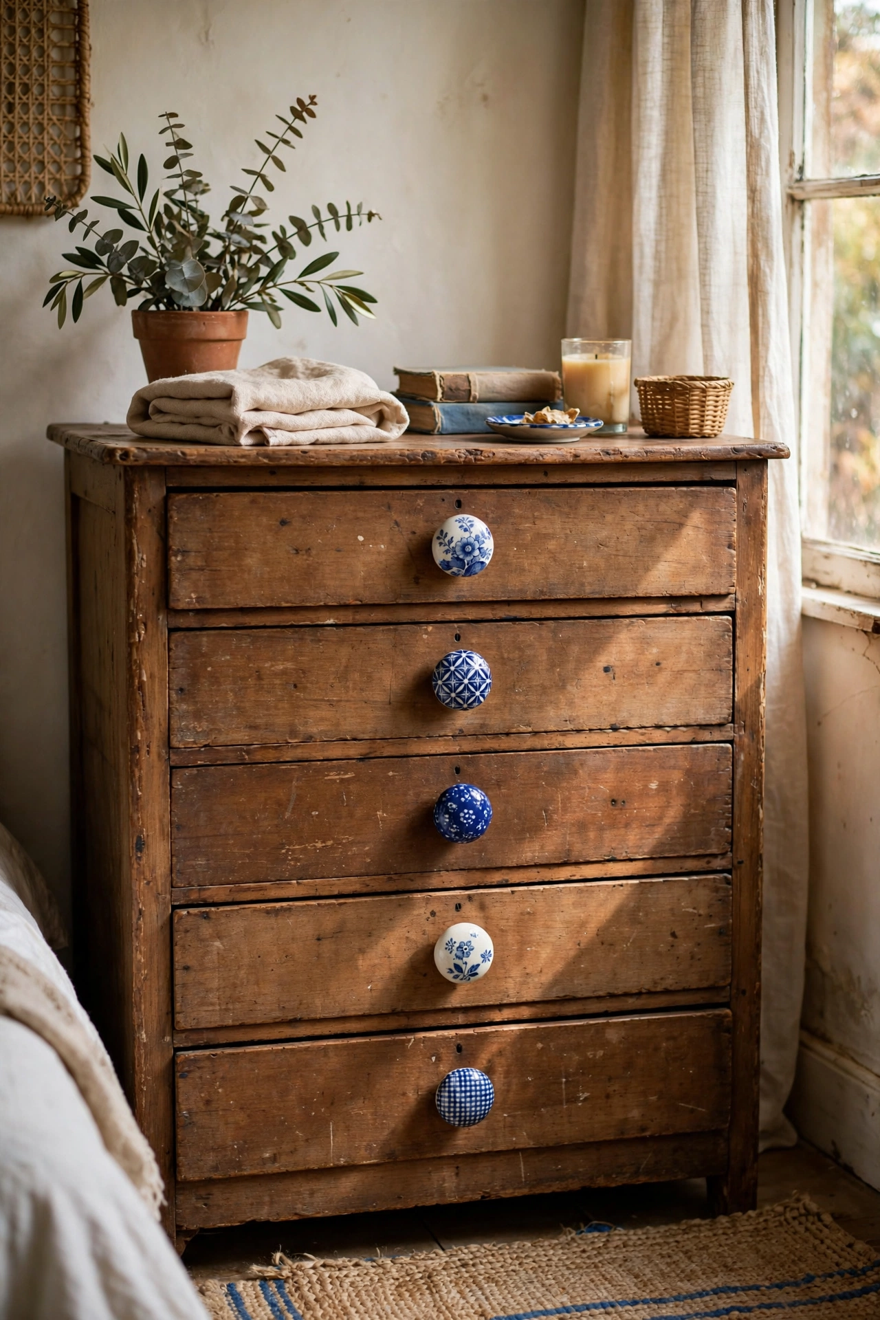 Thrifted wooden dresser upgraded with blue and white ceramic knobs