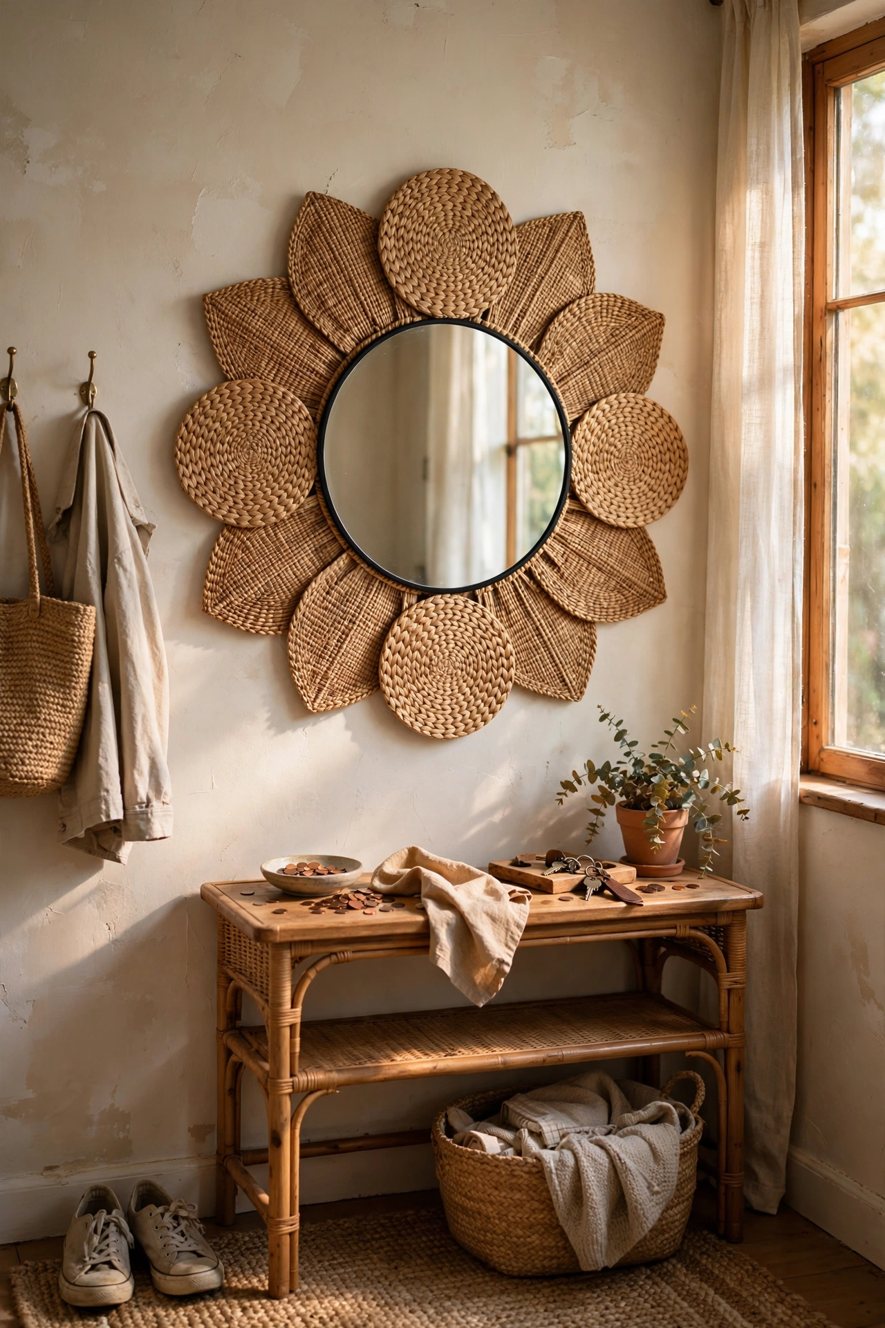 Round mirror with a woven placemat sunburst halo in an entryway