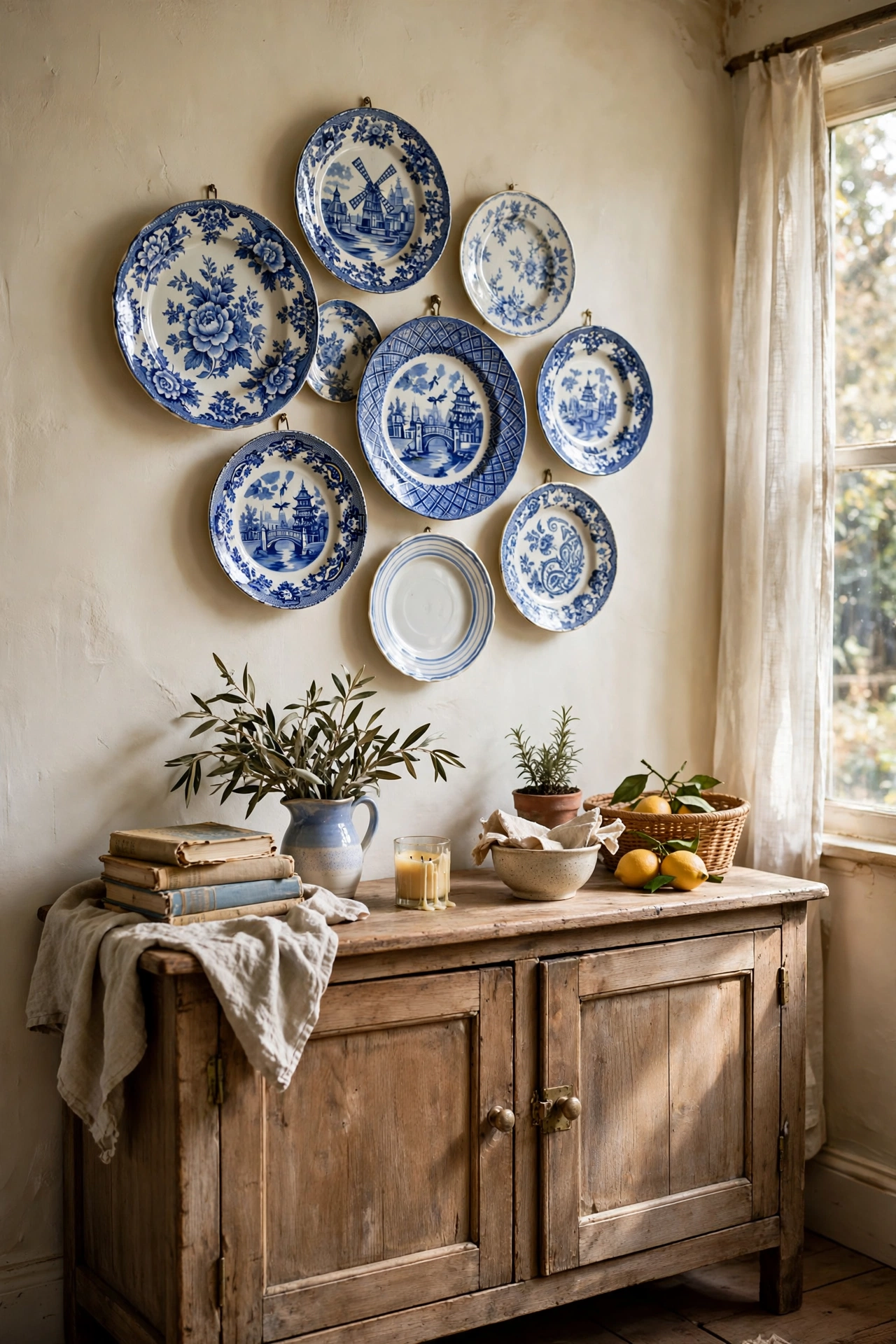 Cluster of blue and white thrifted decorative plates on a dining wall