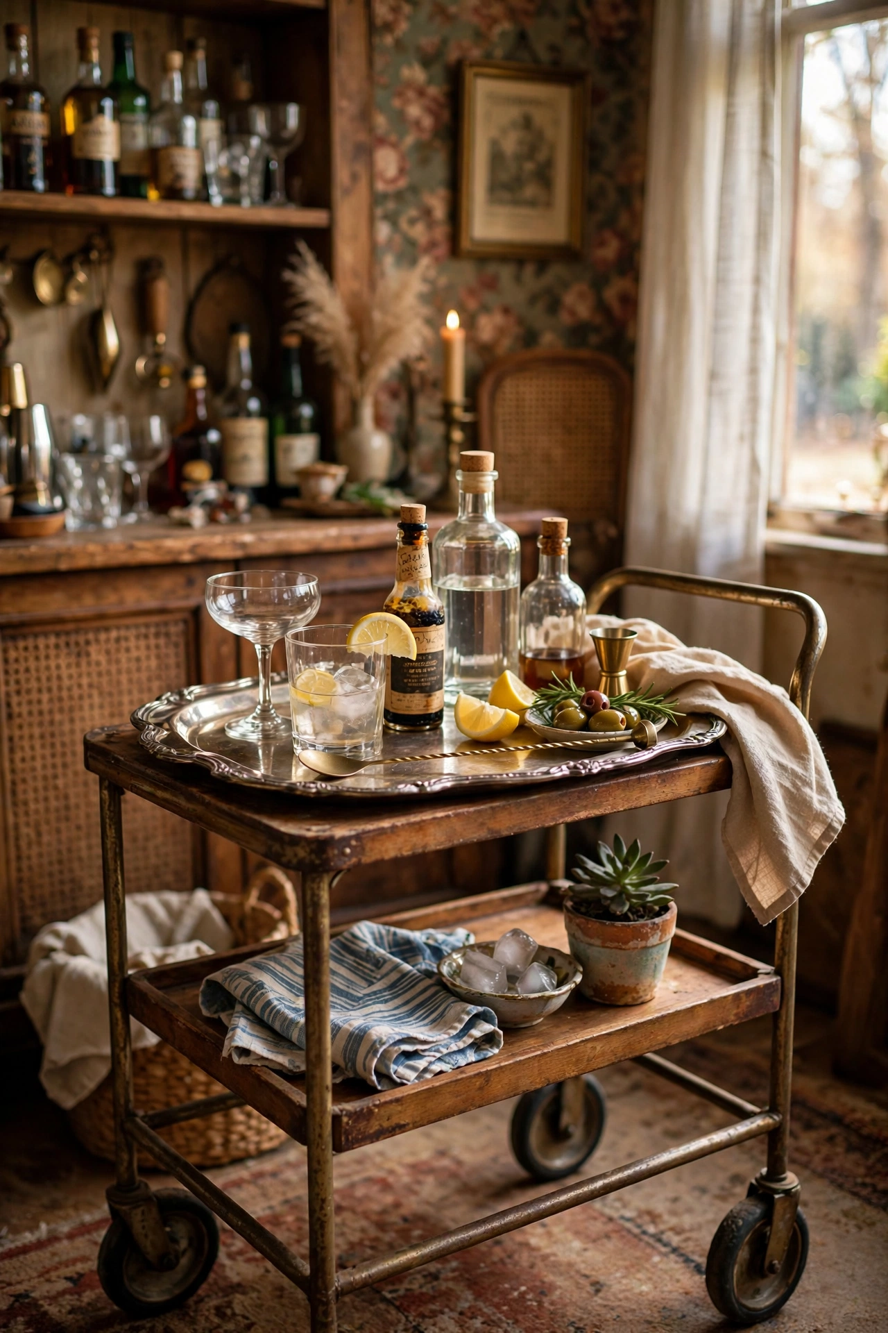Polished silver-plated thrifted tray styled as a bar cart top