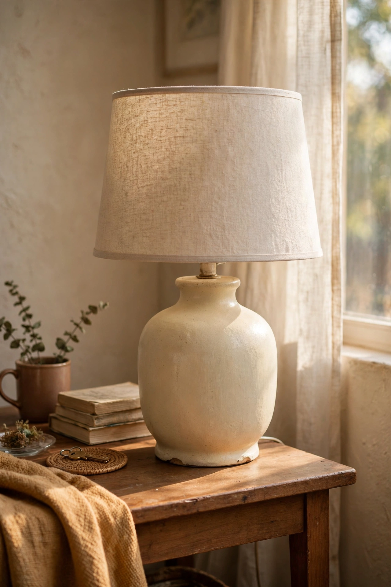 Dated ceramic lamp base spray-painted matte cream with new shade