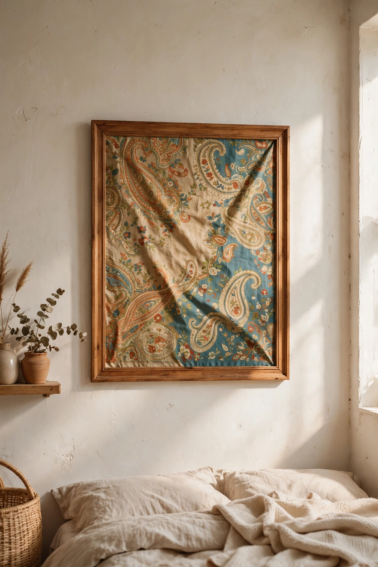 Vintage silk scarf framed as textile art in a bedroom