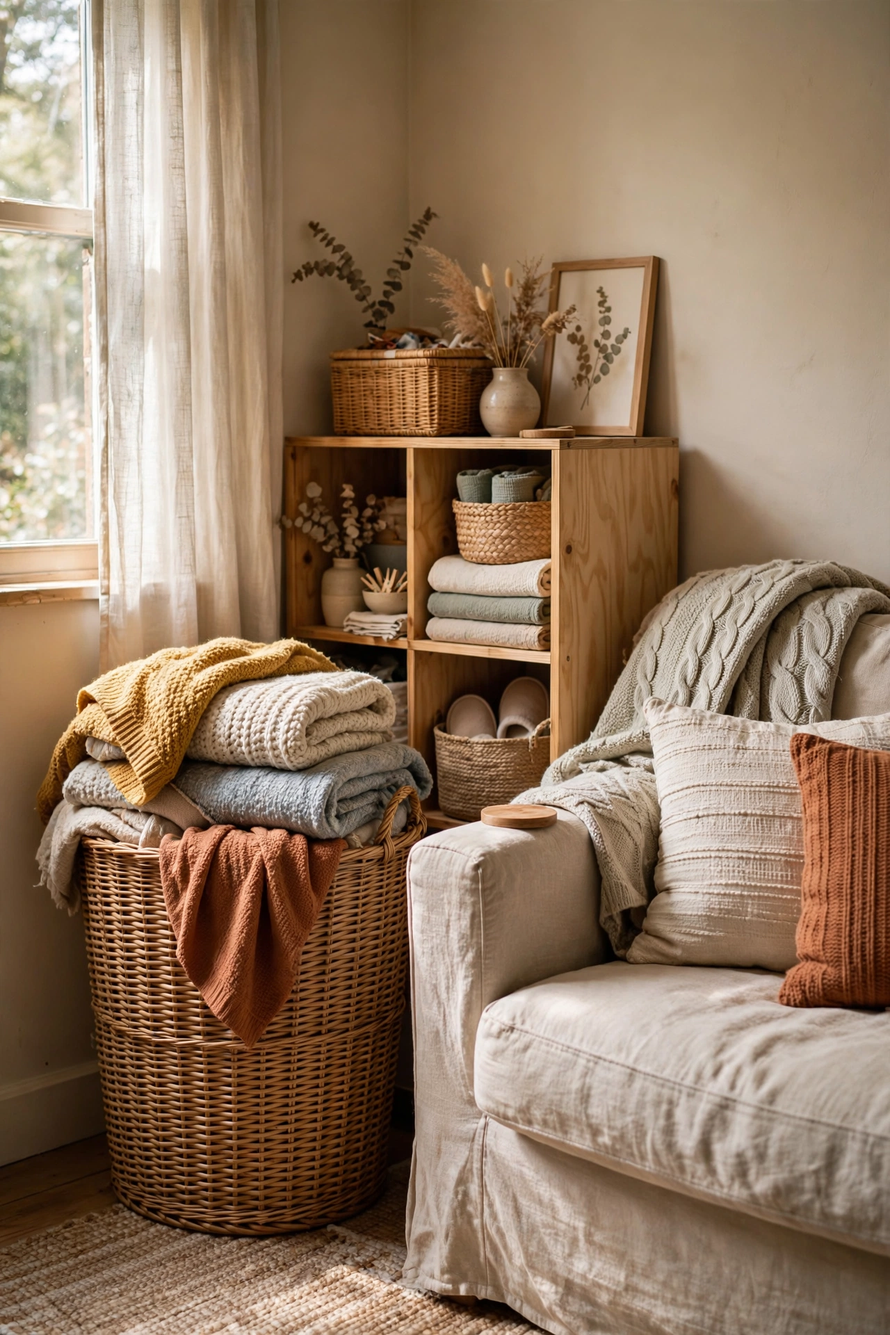 Wicker laundry hamper repurposed as a throw blanket basket