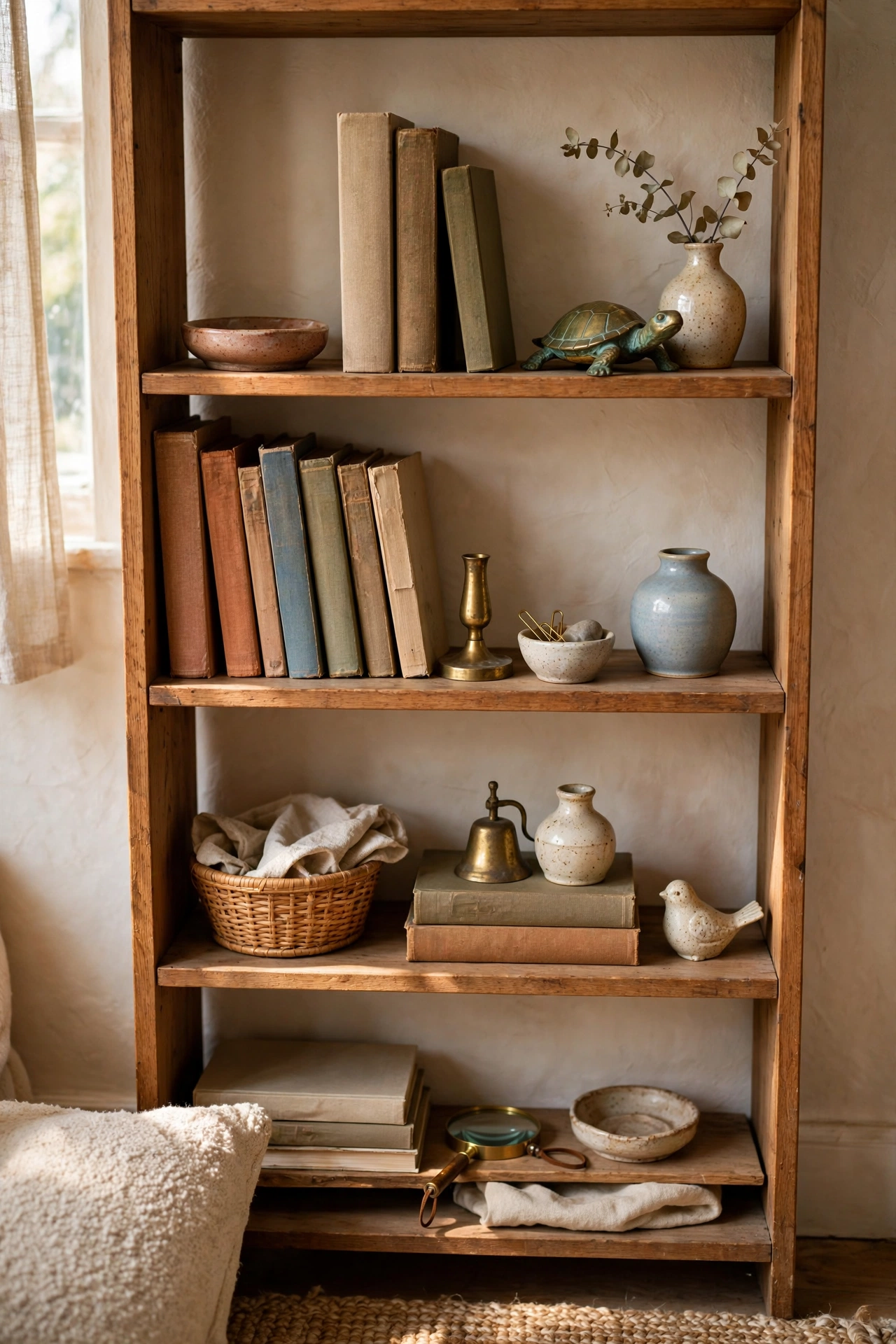 Bookshelf styled with collected thrifted objects and breathing room