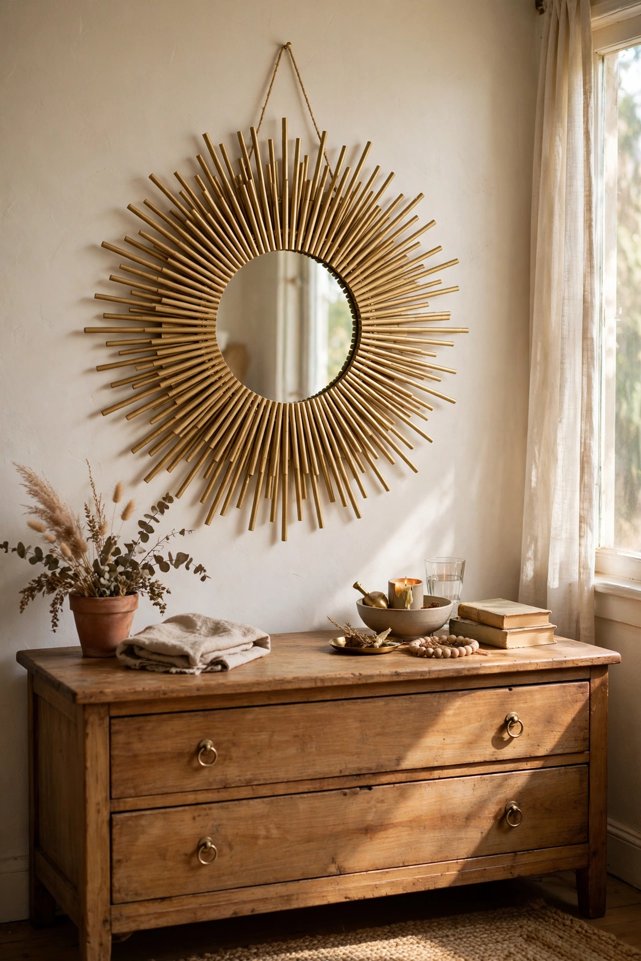 DIY wood dowel sunburst mirror sprayed matte gold above a dresser