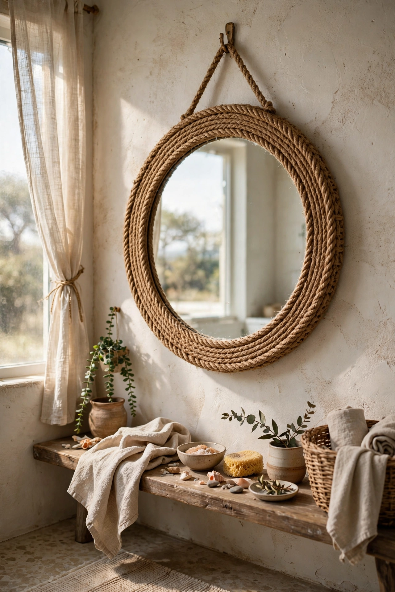 Round mirror wrapped in natural jute rope for a coastal look