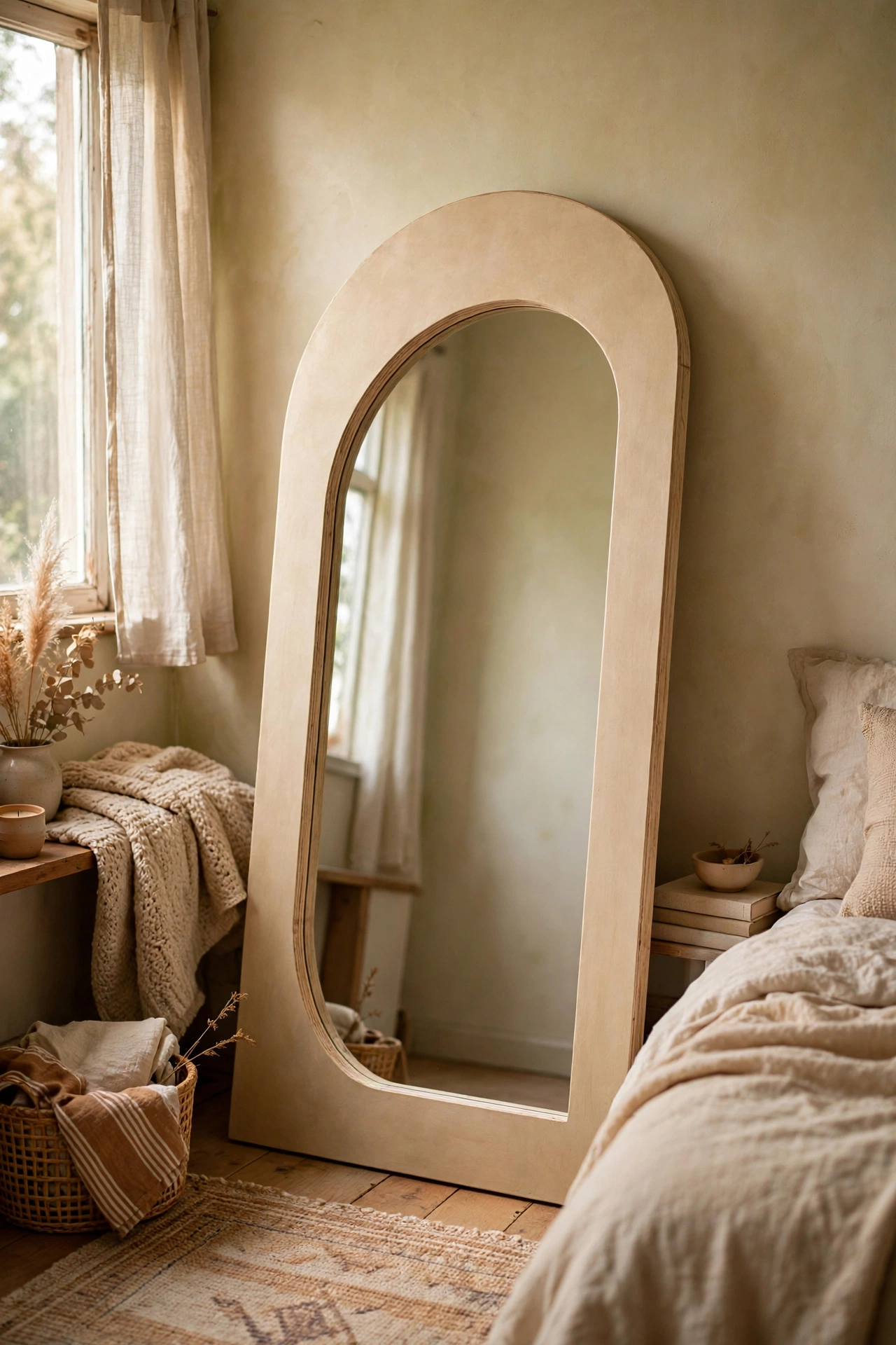 Plywood arch mirror leaning against a bedroom wall