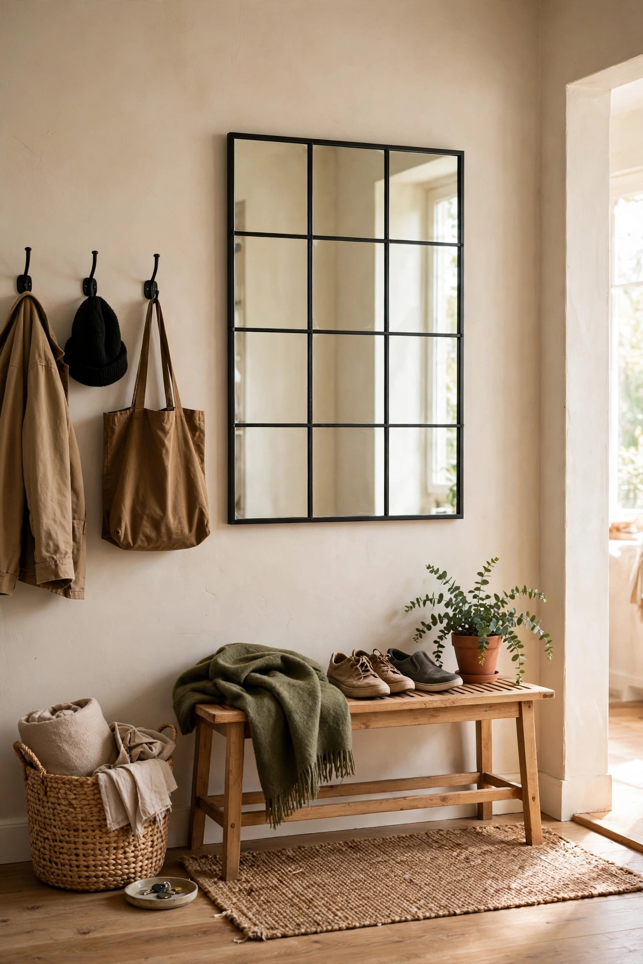 Rectangular mirror with black grid trim in an entryway