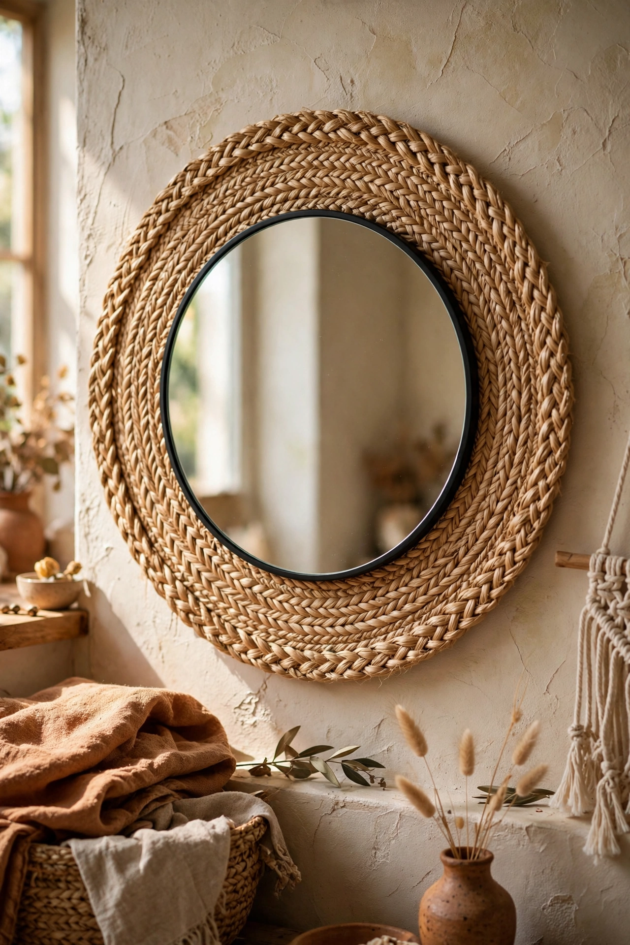 Round mirror with a woven rattan placemat halo frame