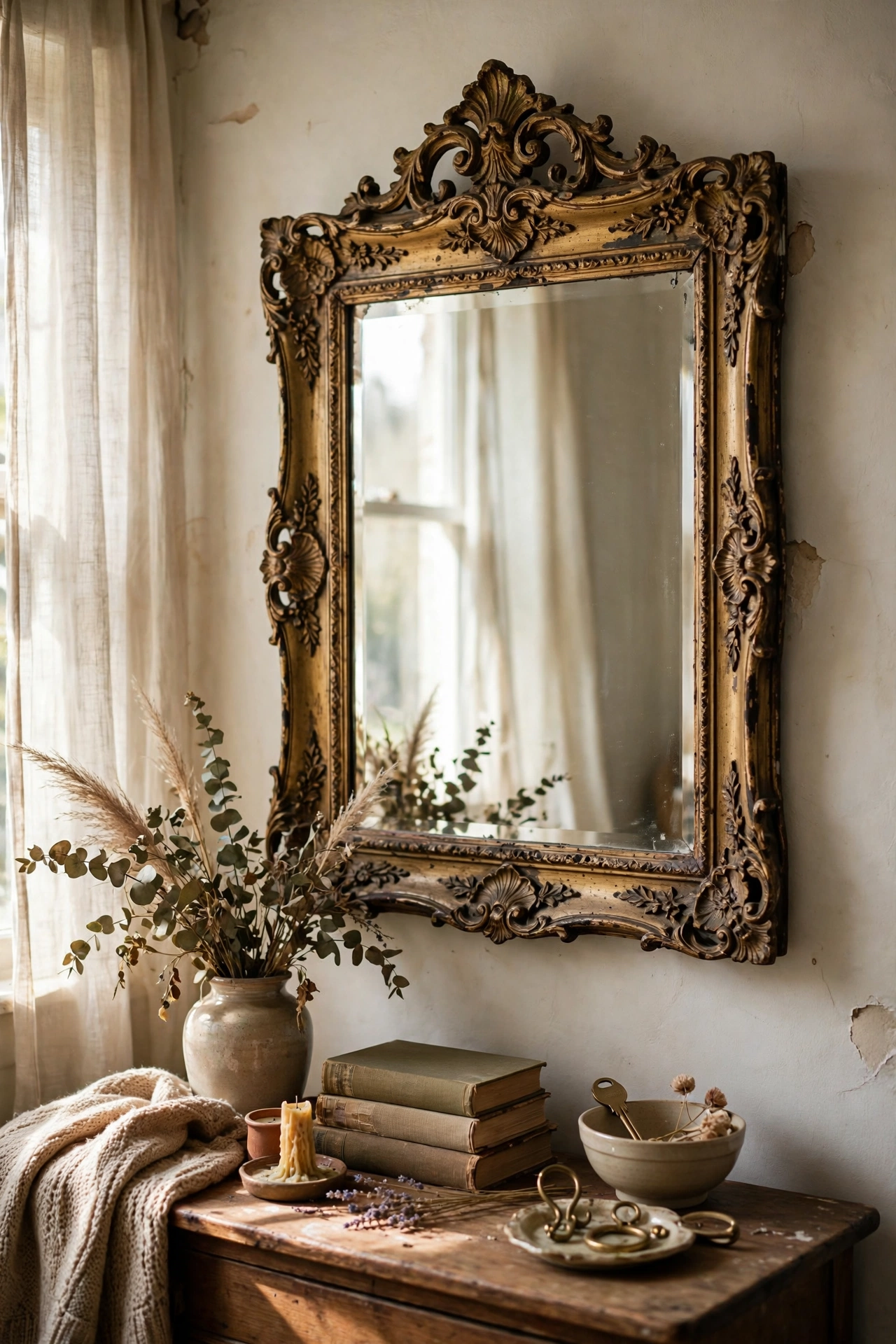 Thrifted mirror with ornate frame regilded in antique gold