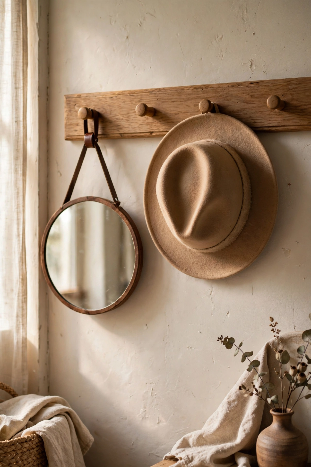 Wooden peg rail with a small round mirror hung from a leather strap