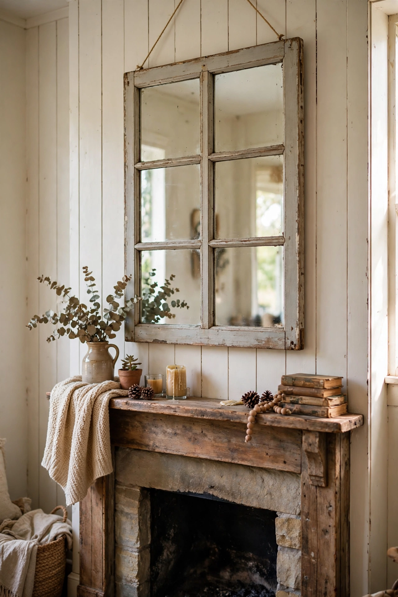 Old window sash converted into a multi-pane mirror above a mantel