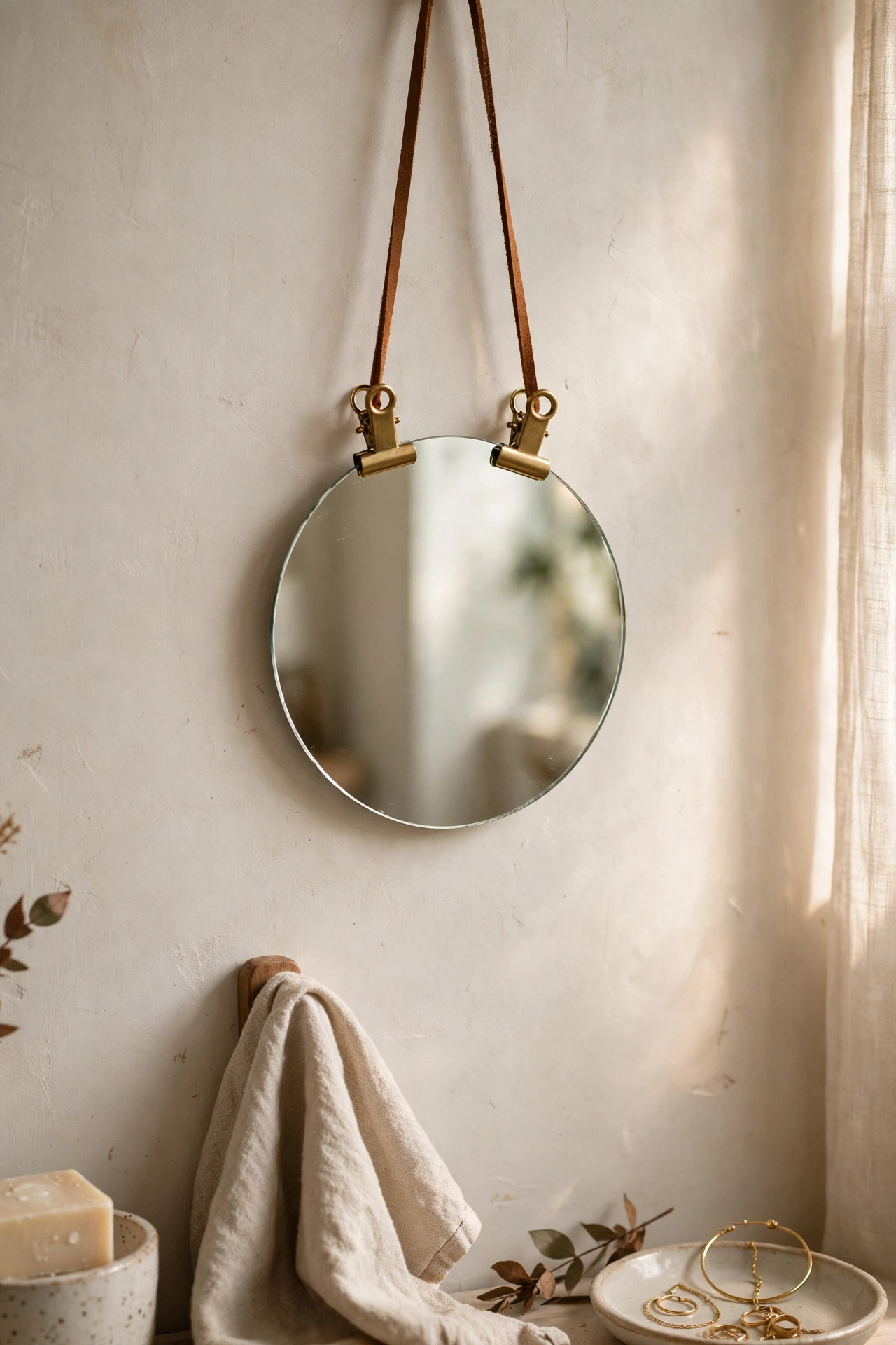 Small frameless mirror hung from brass clips and a leather cord