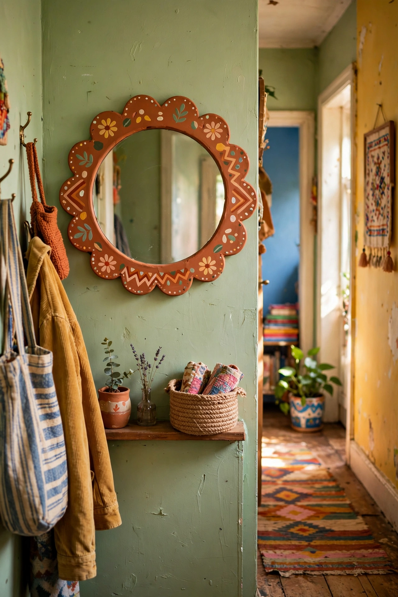 Round mirror with a hand-painted terracotta scalloped border