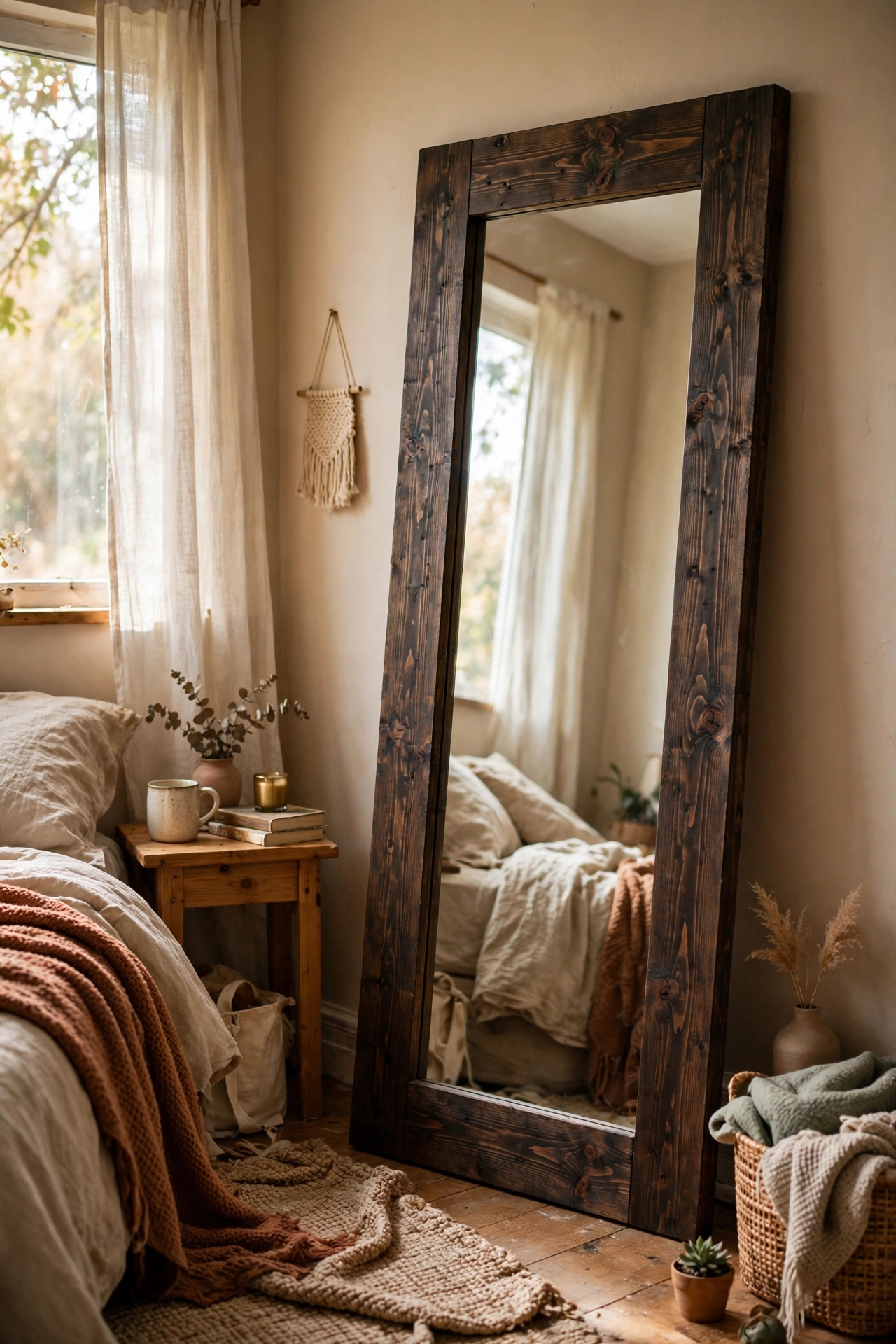 Full-length mirror framed in dark stained pine leaning in a bedroom