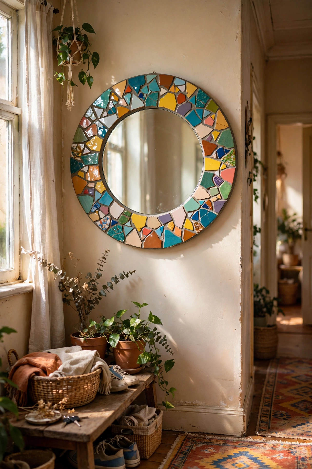 Round mirror framed with colourful broken tile mosaic pieces