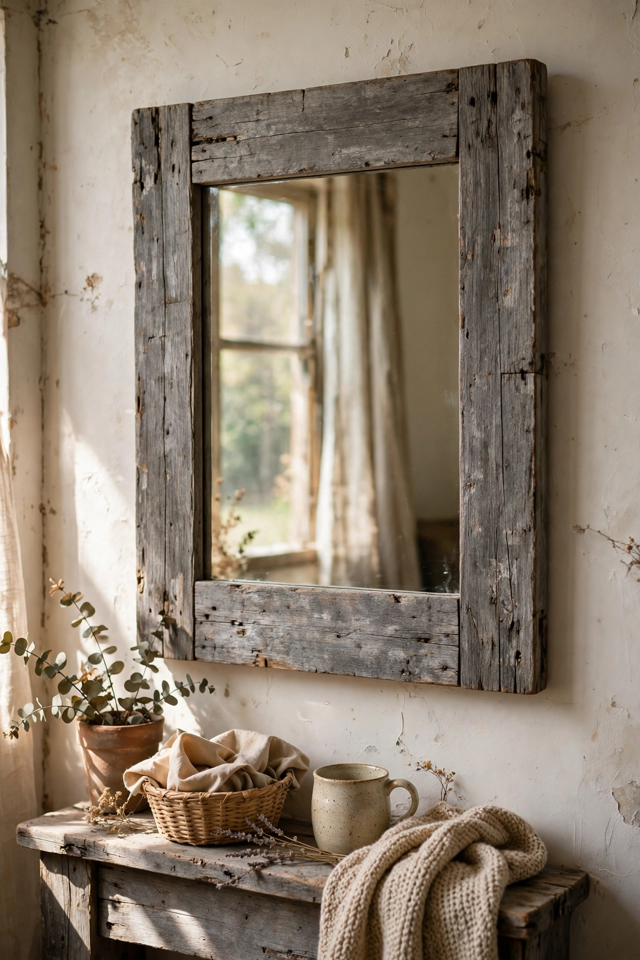 Mirror framed with weathered grey reclaimed barn wood boards