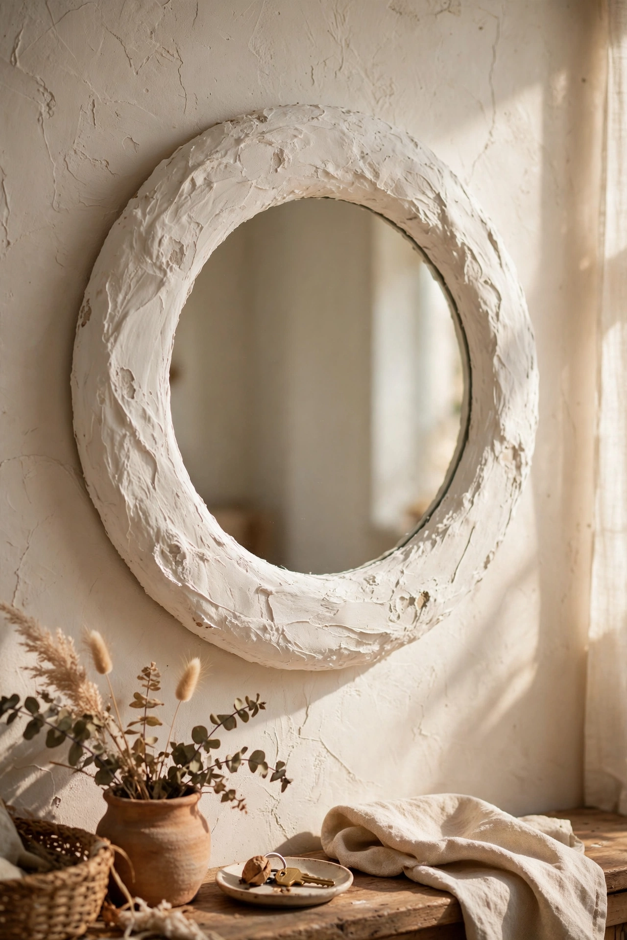 Round mirror with a textured venetian plaster style frame