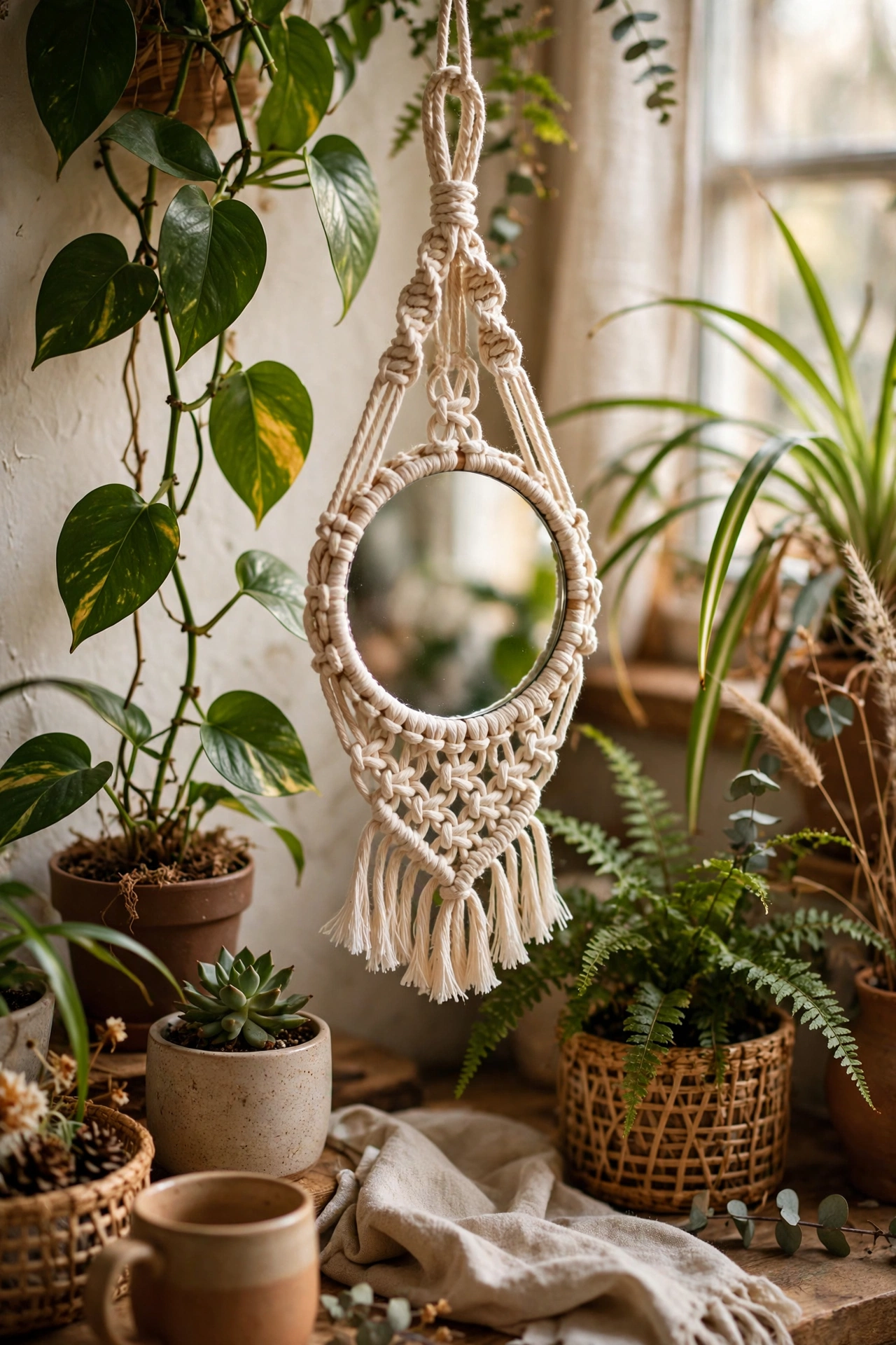Small mirror in a handmade macrame hanging holder in a plant corner