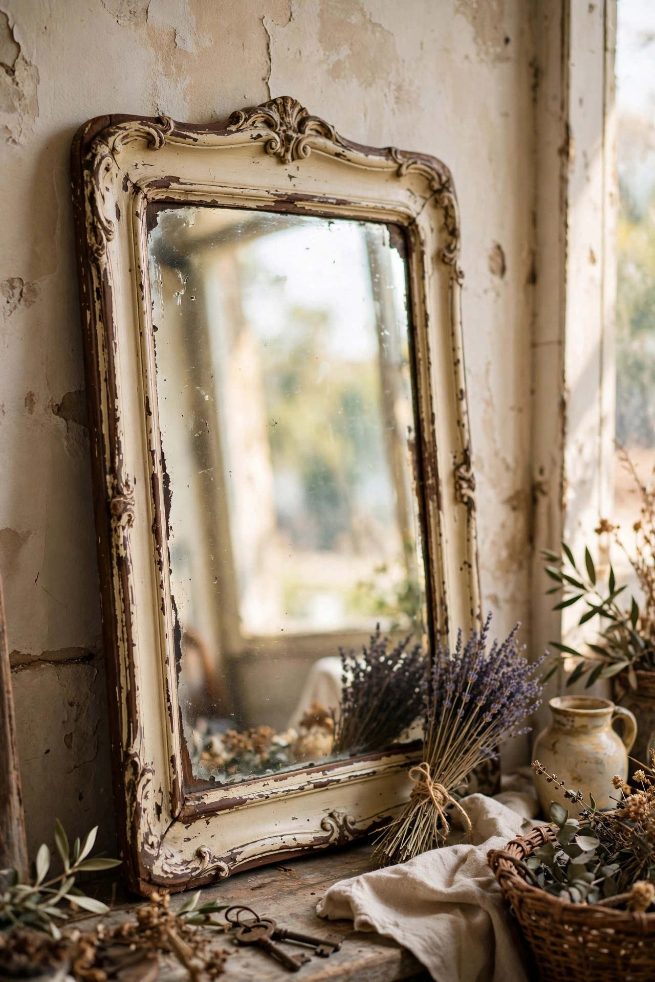 Thrifted mirror with a two-tone distressed antique frame