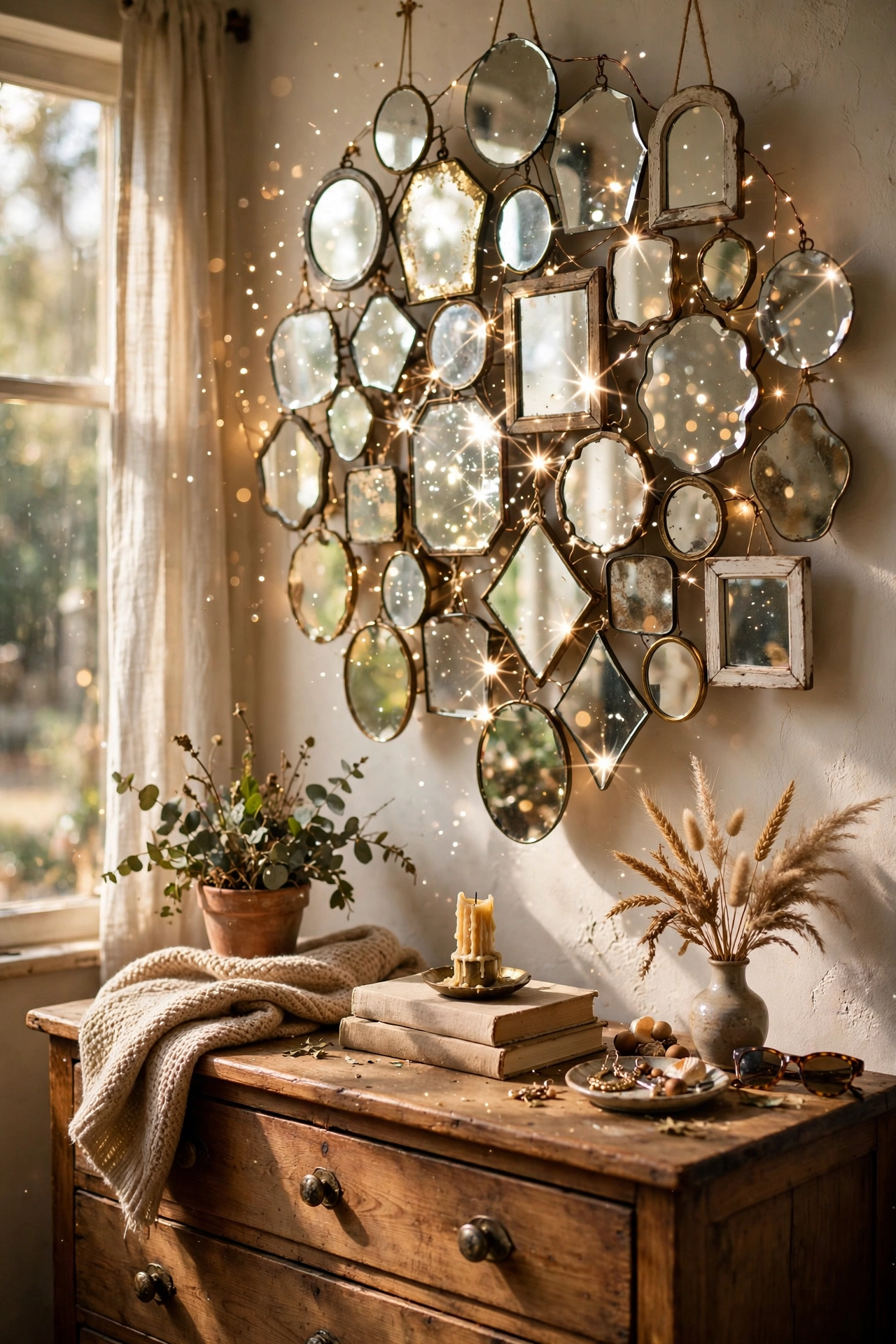 Cluster of small thrifted mirrors in different shapes above a dresser