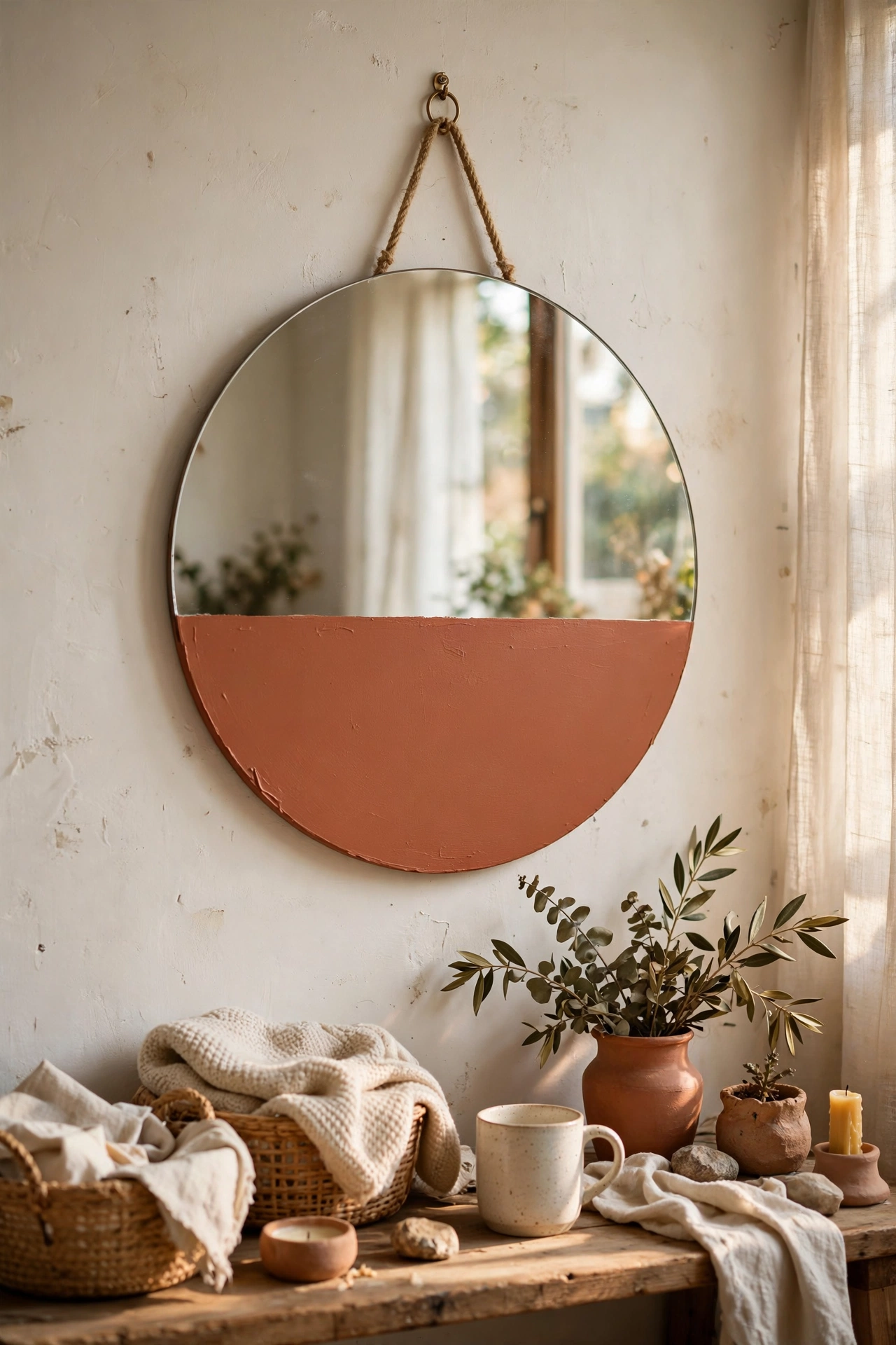 Round mirror with the bottom half painted terracotta in a dipped effect