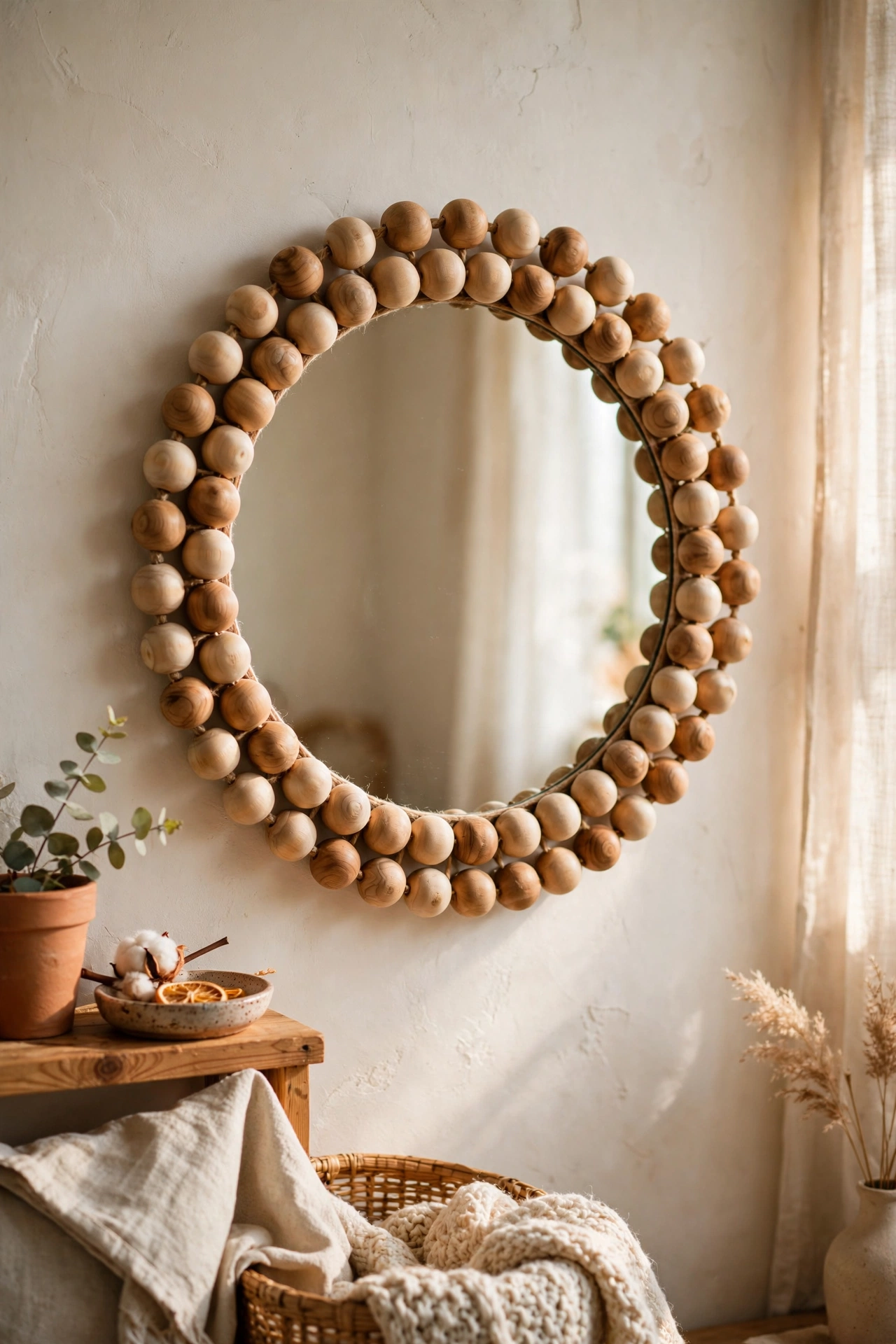 Round mirror edged with natural wooden beads as a bobble frame