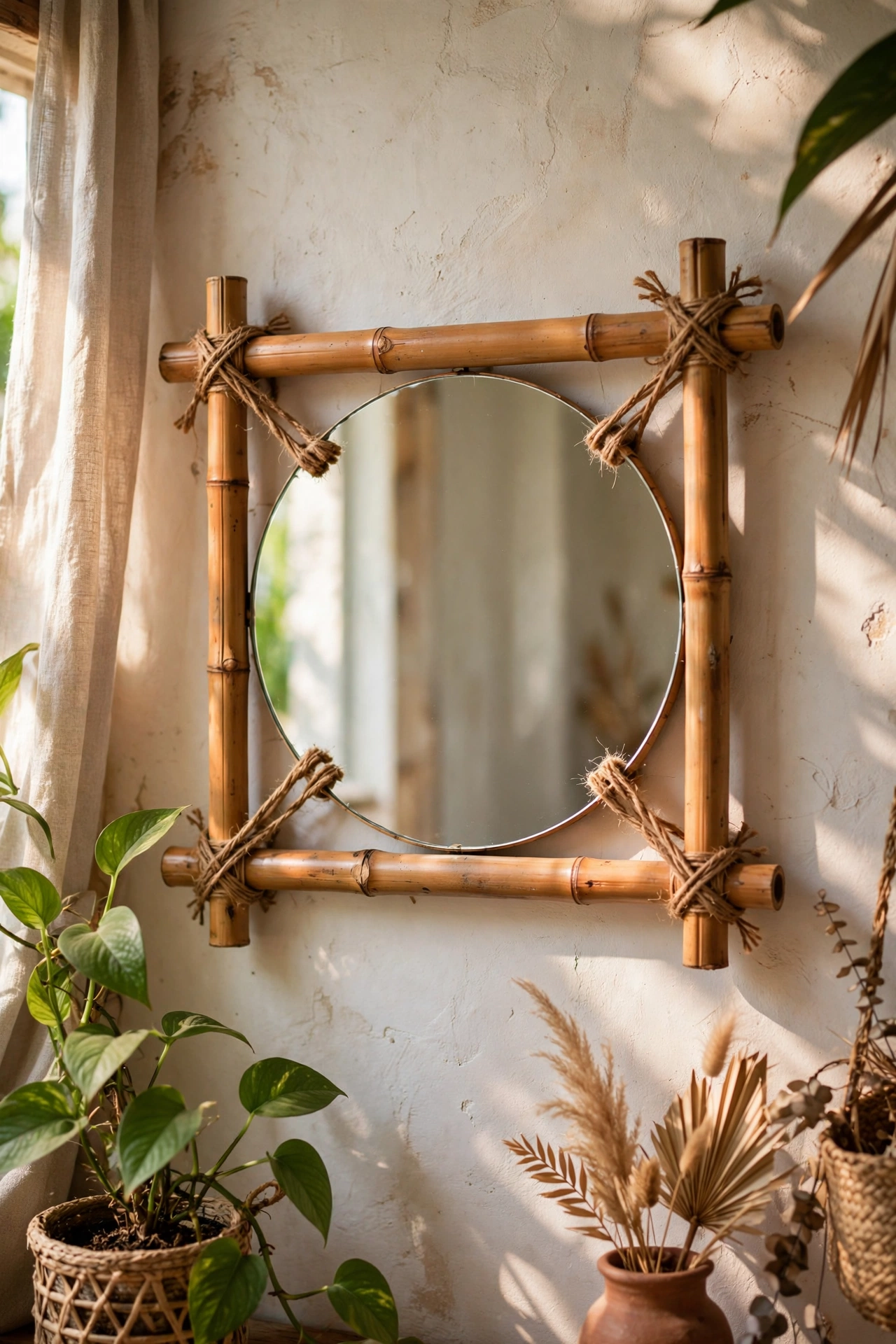 Round mirror framed with lashed bamboo poles in a sunroom