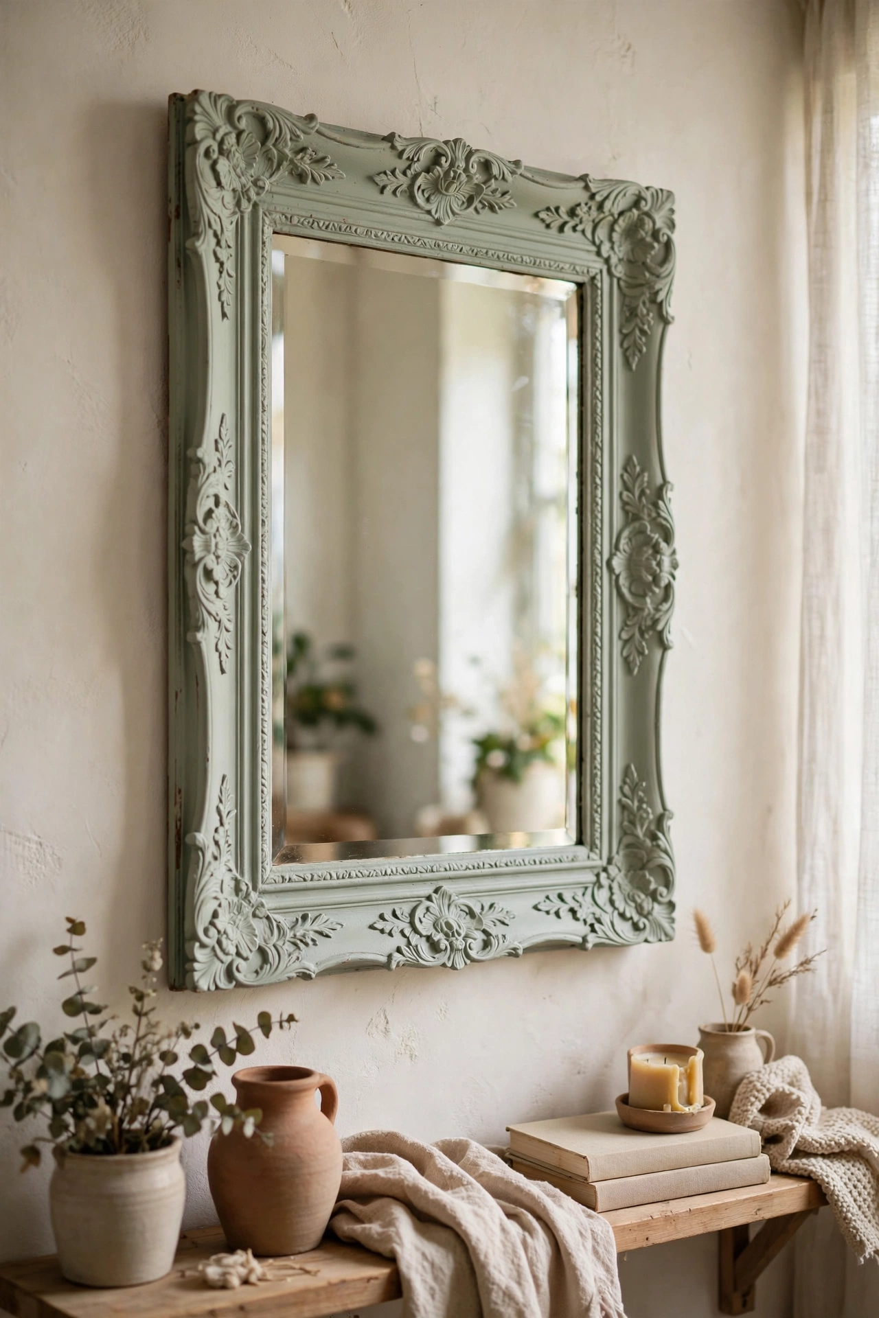 Ornate thrifted mirror frame painted pale sage chalk paint