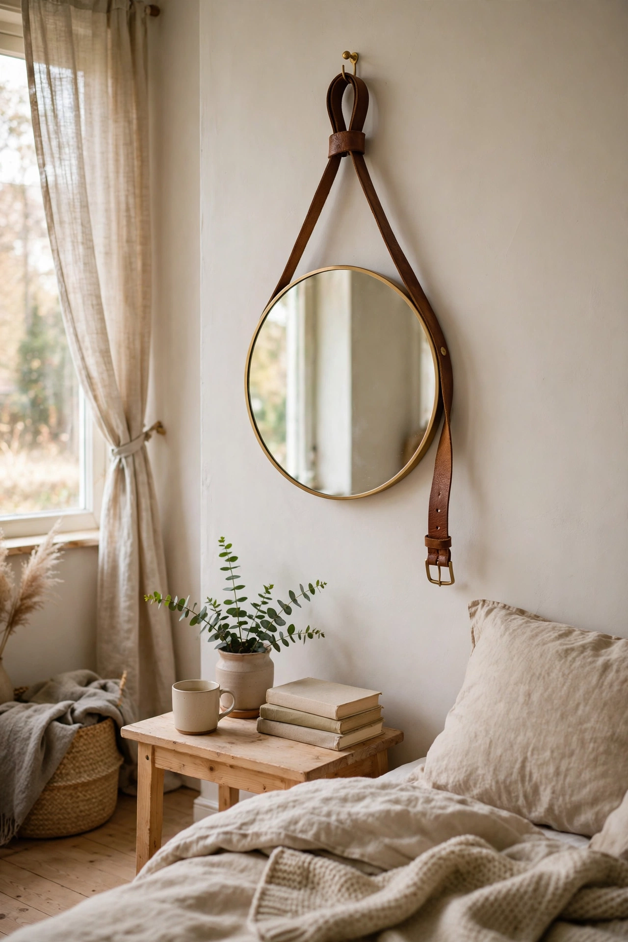 Round mirror hung from a leather belt strap in a bedroom