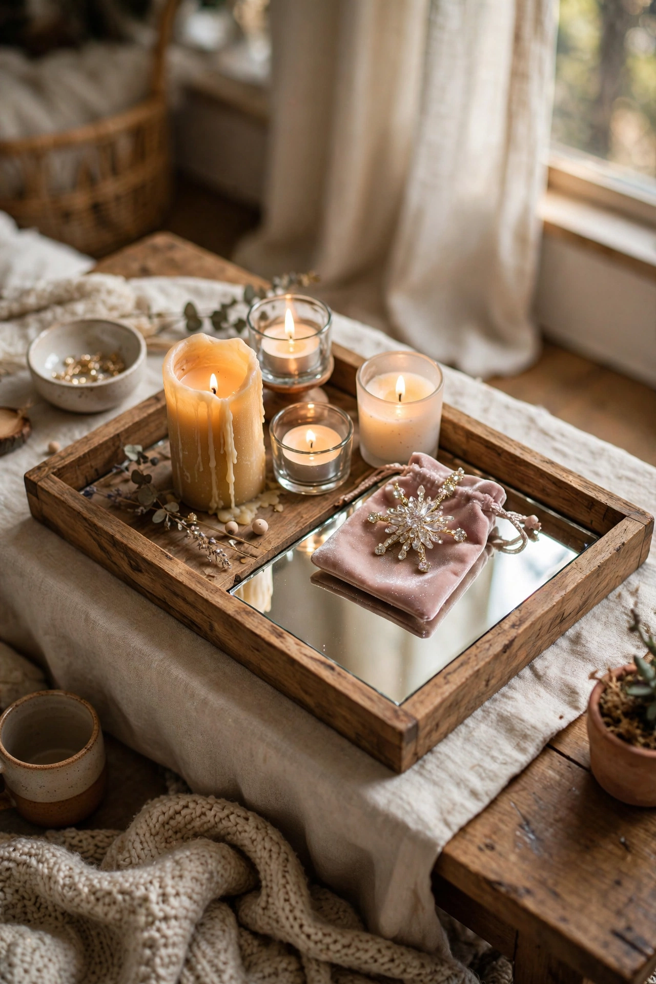 Small mirror set into a wooden tray as a reflective serving piece