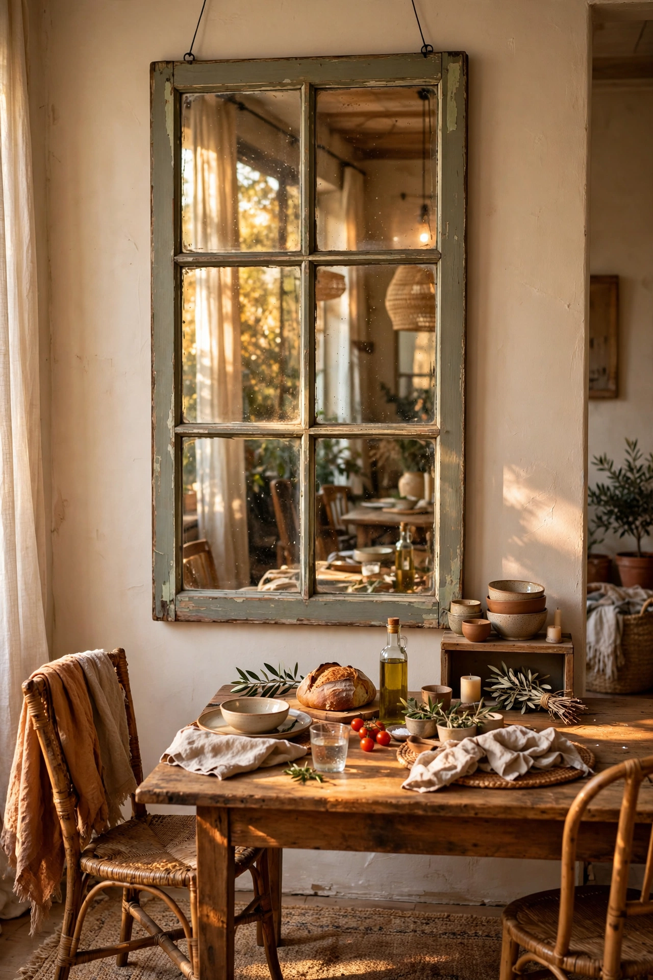 Tall vintage window with mirror panes as a statement in a dining room