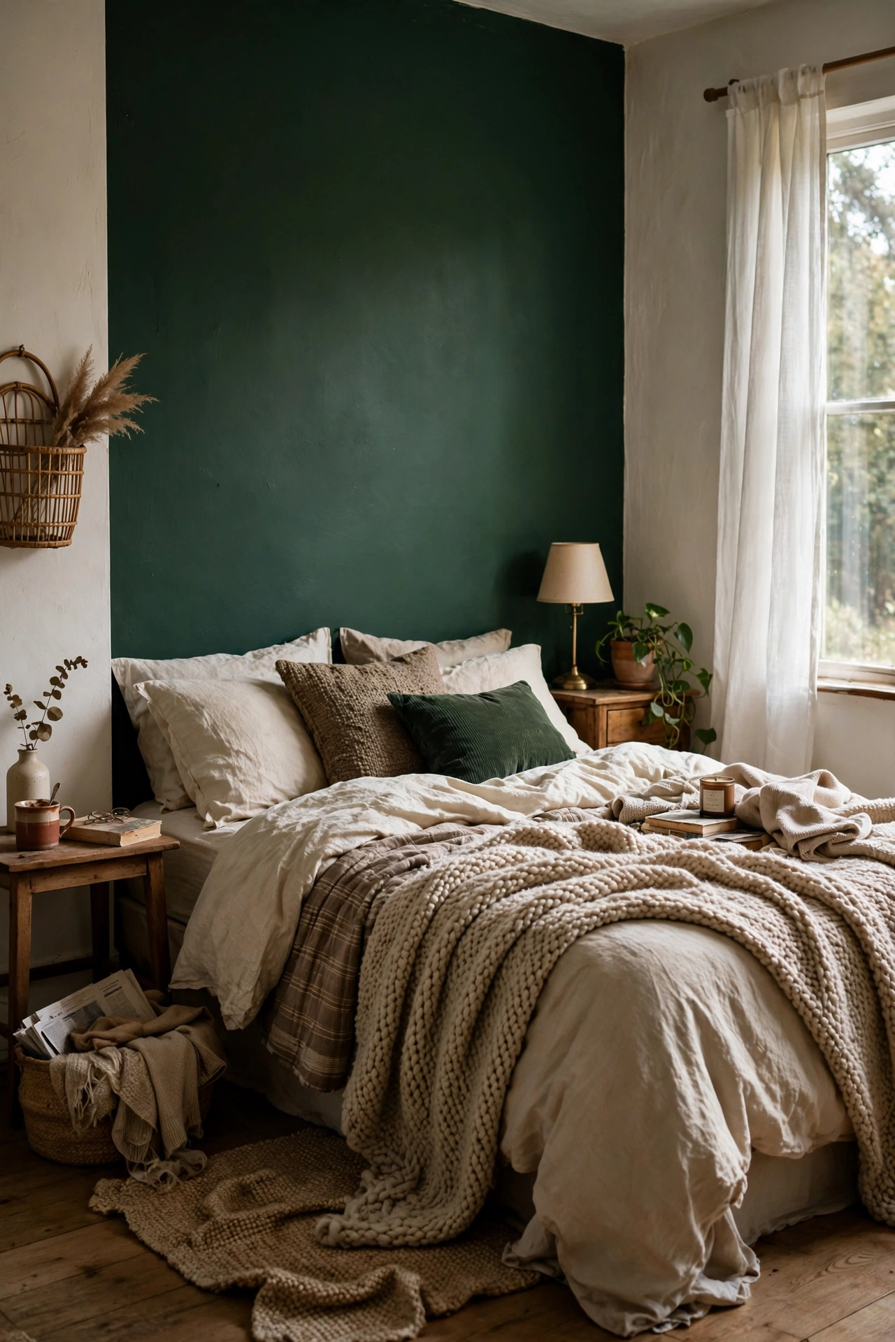 Bedroom with one deep forest green accent wall and warm white walls